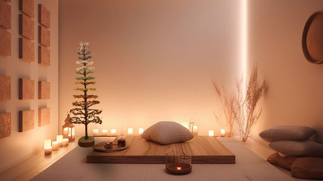 5 ft crystal tree in meditation room