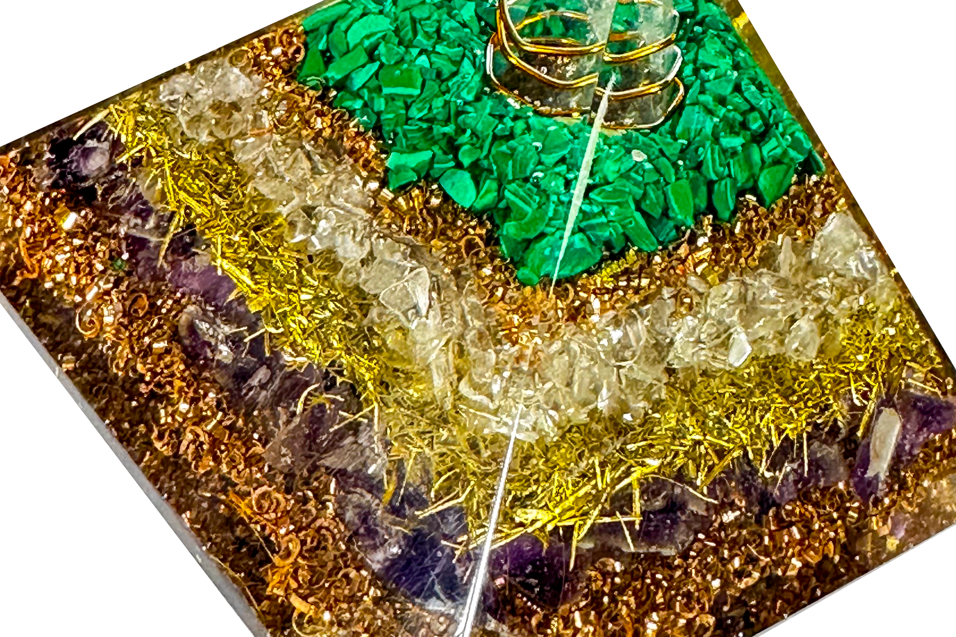 3 Layer Amethyst, Clear Quartz, Green Malachite Reiki Energy Charged Orgone Pyramid Primal Chakra