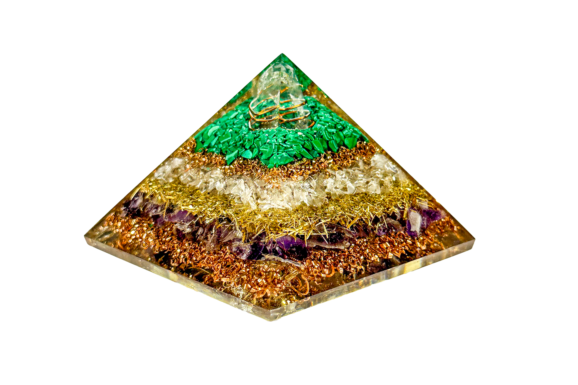 3 Layer Amethyst, Clear Quartz, Green Malachite Reiki Energy Charged Orgone Pyramid Primal Chakra