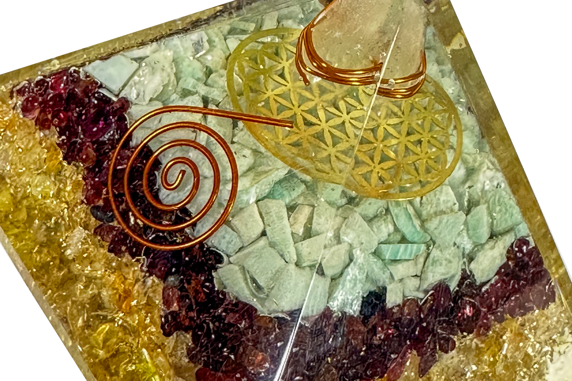 3 Layer Citrine, Garnet and Amazonite Reiki Energy Charged Orgone Pyramid with Flower Of Life Emblem Primal Chakra