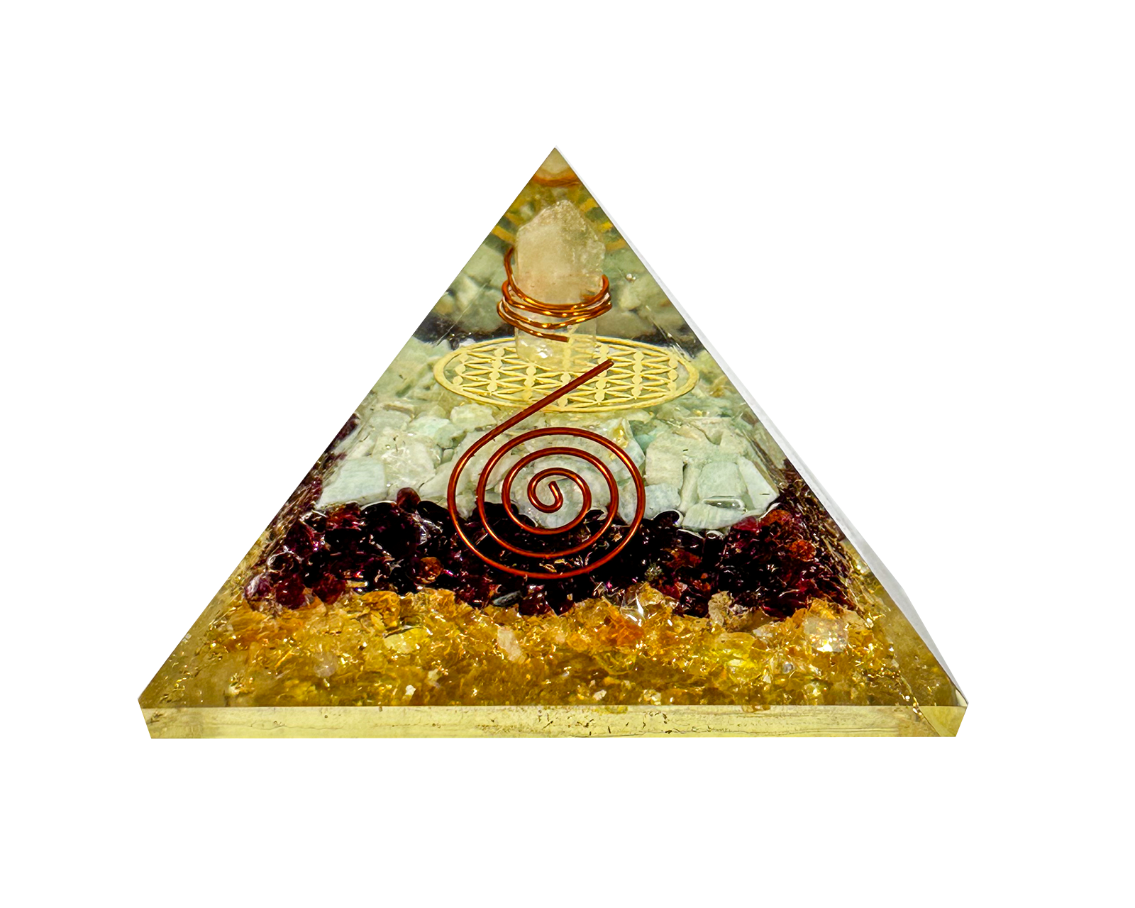 3 Layer Citrine, Garnet and Amazonite Reiki Energy Charged Orgone Pyramid with Flower Of Life Emblem Primal Chakra
