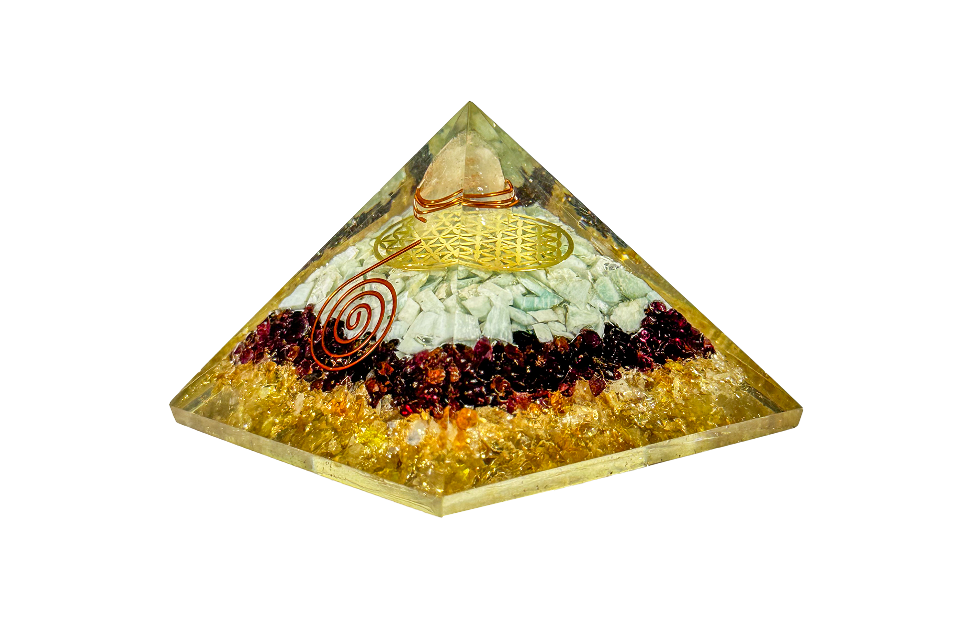 3 Layer Citrine, Garnet and Amazonite Reiki Energy Charged Orgone Pyramid with Flower Of Life Emblem Primal Chakra