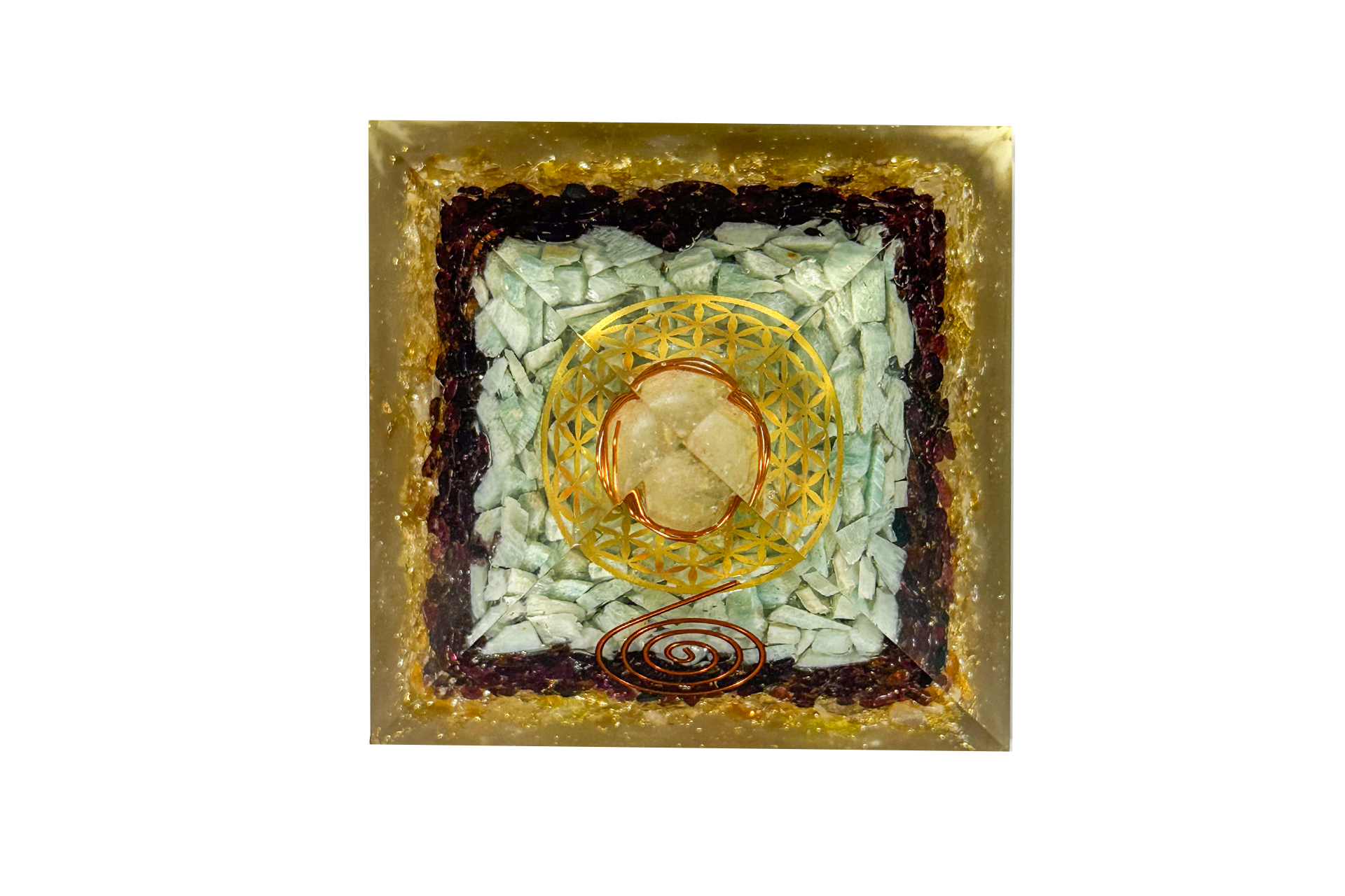 3 Layer Citrine, Garnet and Amazonite Reiki Energy Charged Orgone Pyramid with Flower Of Life Emblem Primal Chakra