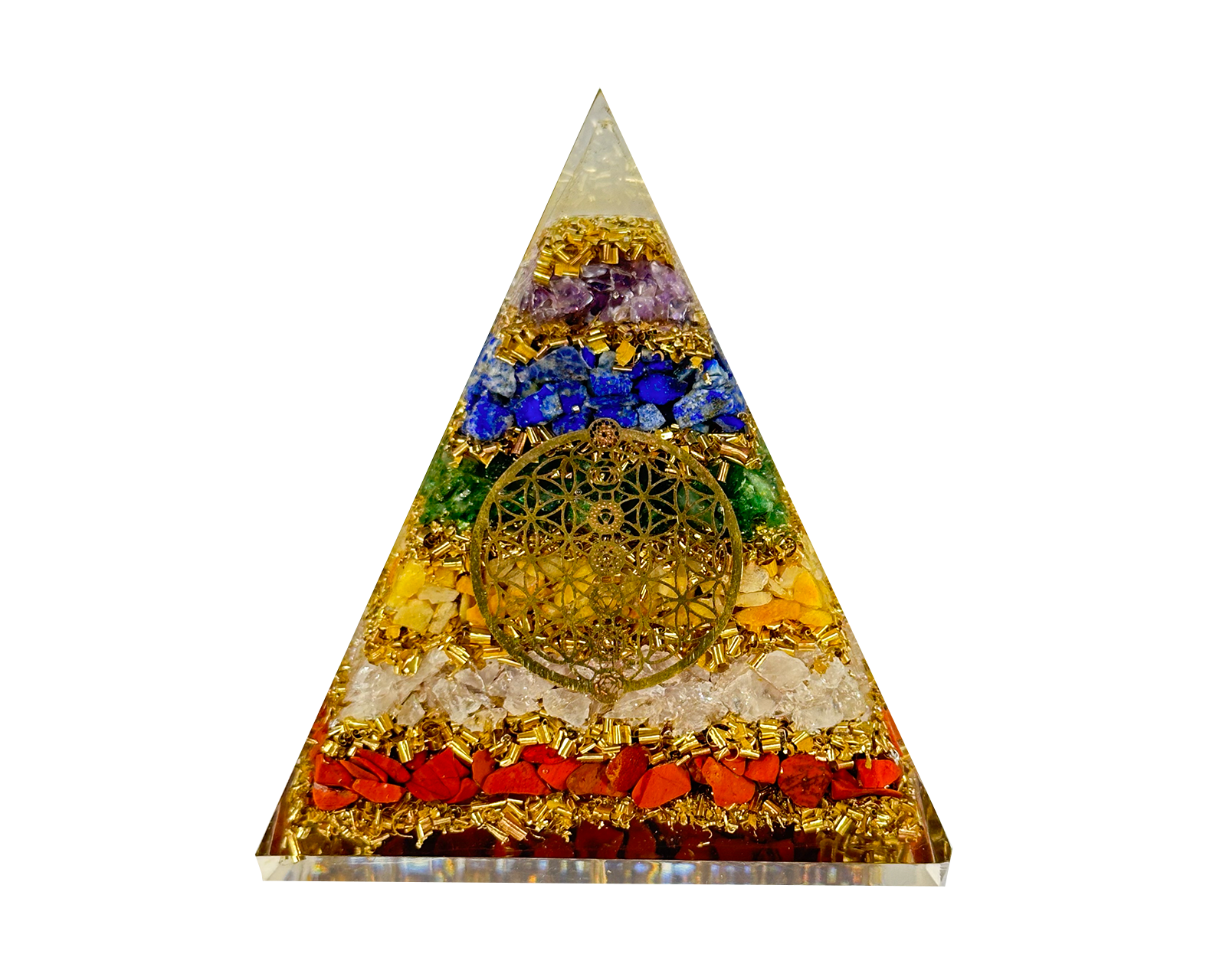 7 Chakra Layered Reiki Energy Charged Orgone Pyramid with 7 Chakra Flower Of Life Emblem Primal Chakra