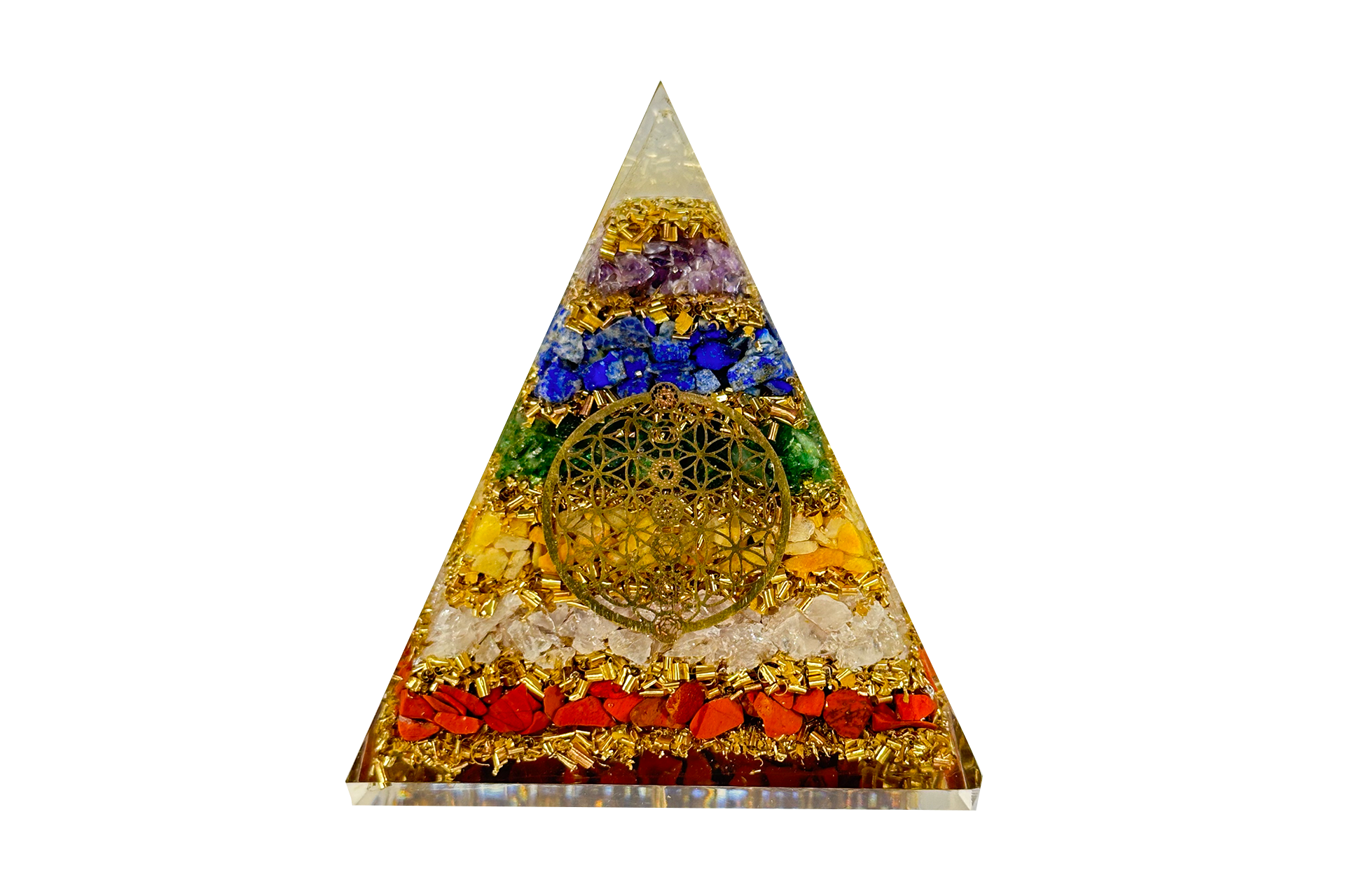 7 Chakra Layered Reiki Energy Charged Orgone Pyramid with 7 Chakra Flower Of Life Emblem Primal Chakra