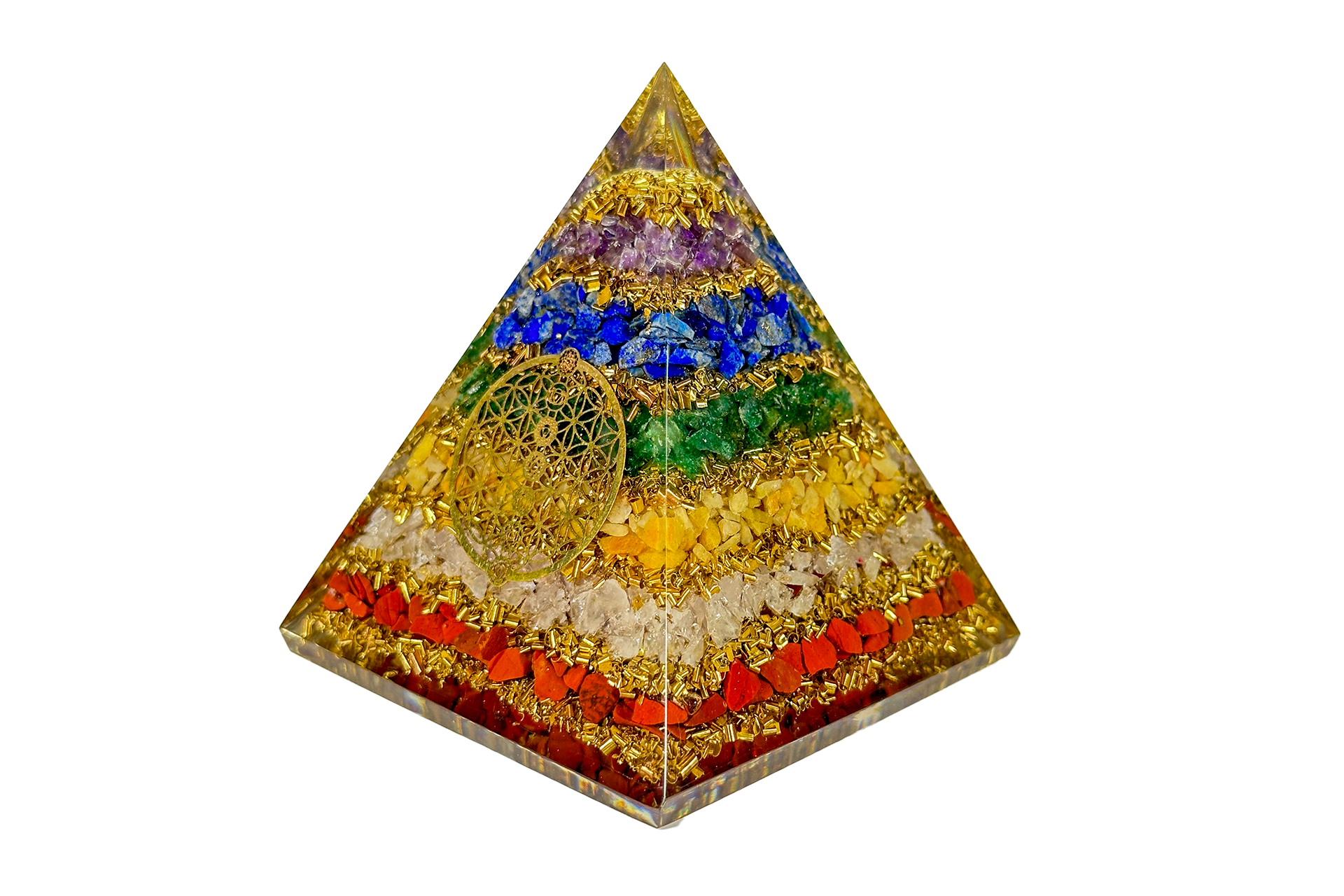 7 Chakra Layered Reiki Energy Charged Orgone Pyramid with 7 Chakra Flower Of Life Emblem Primal Chakra