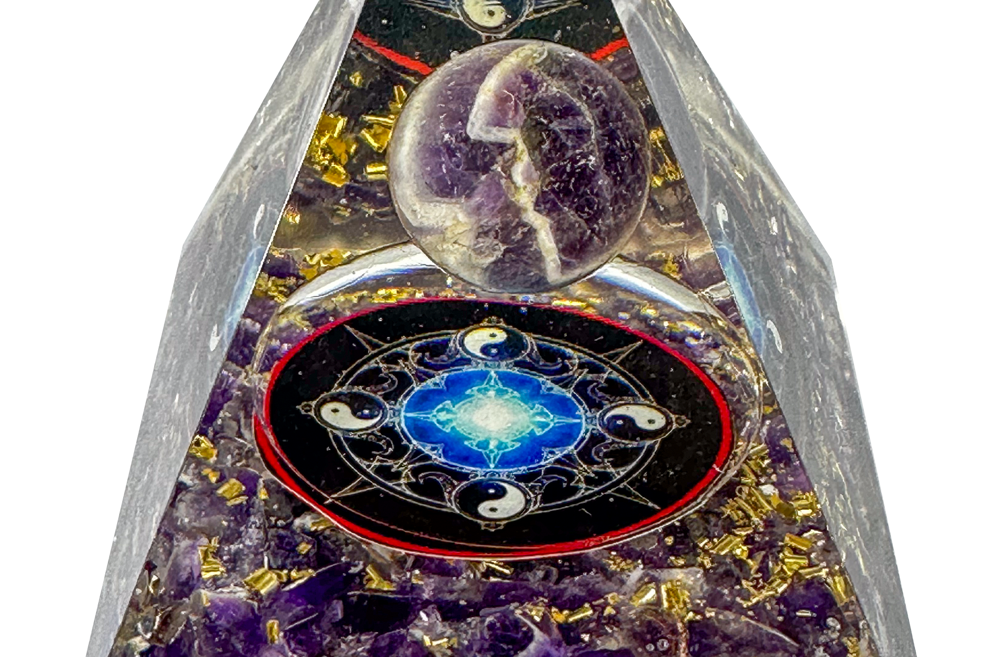 Amethyst Sphere Reiki Energy Charged Orgone Pyramid with Yin Yang Emblem Primal Chakra