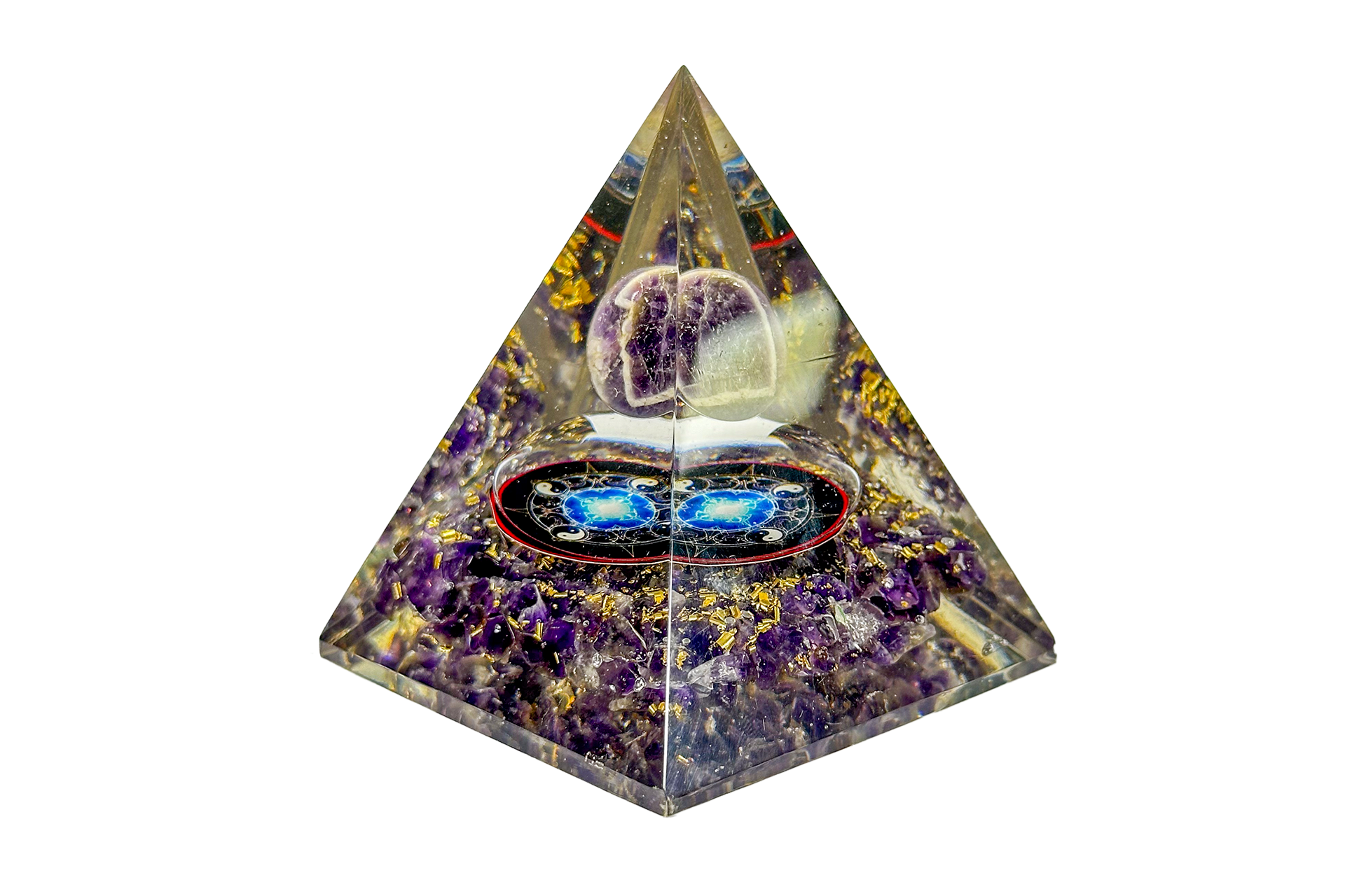 Amethyst Sphere Reiki Energy Charged Orgone Pyramid with Yin Yang Emblem Primal Chakra