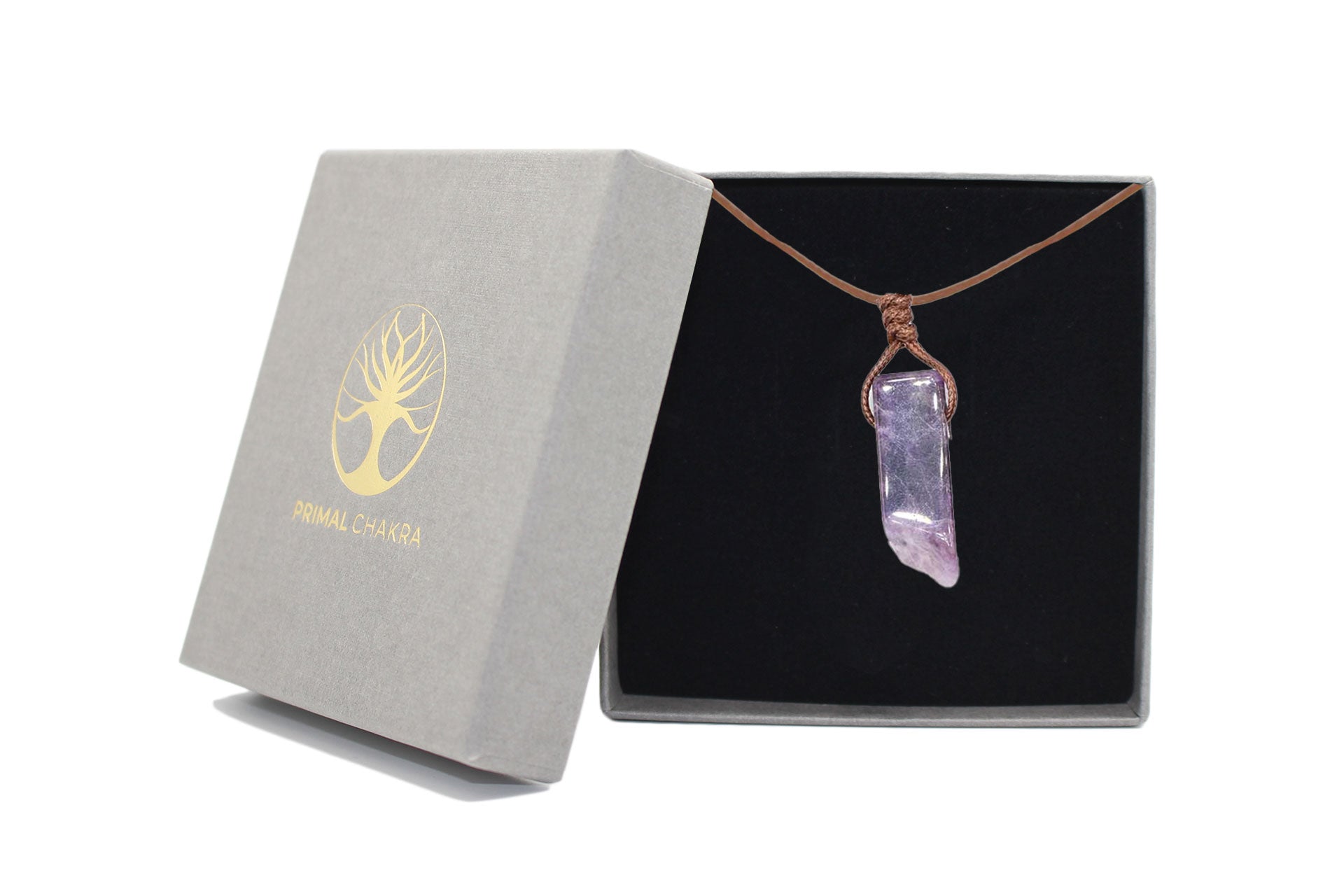 Amethyst Irregular Cuboid Necklace With Brown Cord Primal Chakra