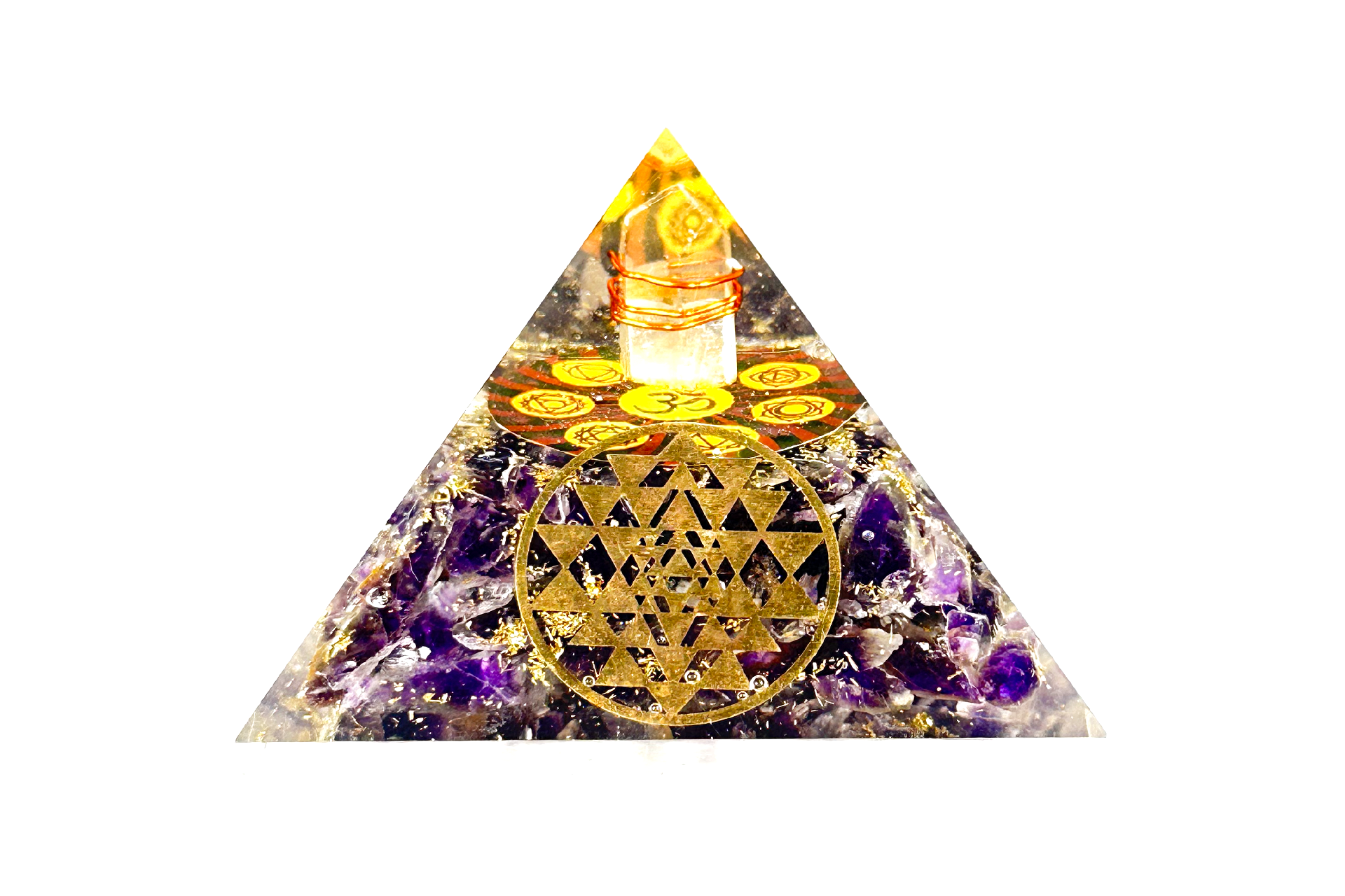Amethyst Reiki Energy Charged Orgone Pyramid with 7 Chakra and Sri Yantra Emblems Primal Chakra