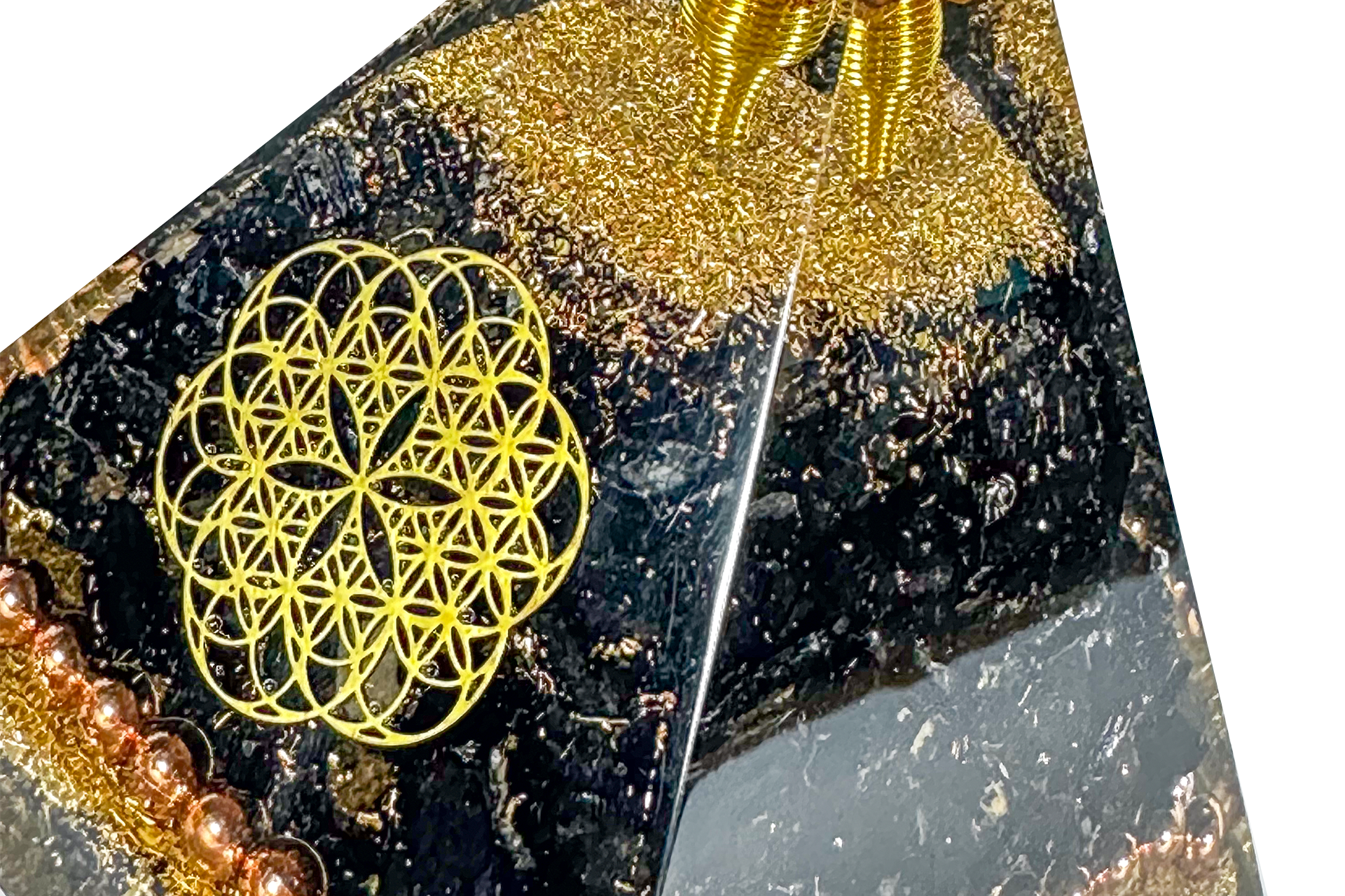 Black Tourmaline Nubian Copper Beads Reiki Energy Charged Orgone Pyramid with Flower Of Life Emblem Primal Chakra