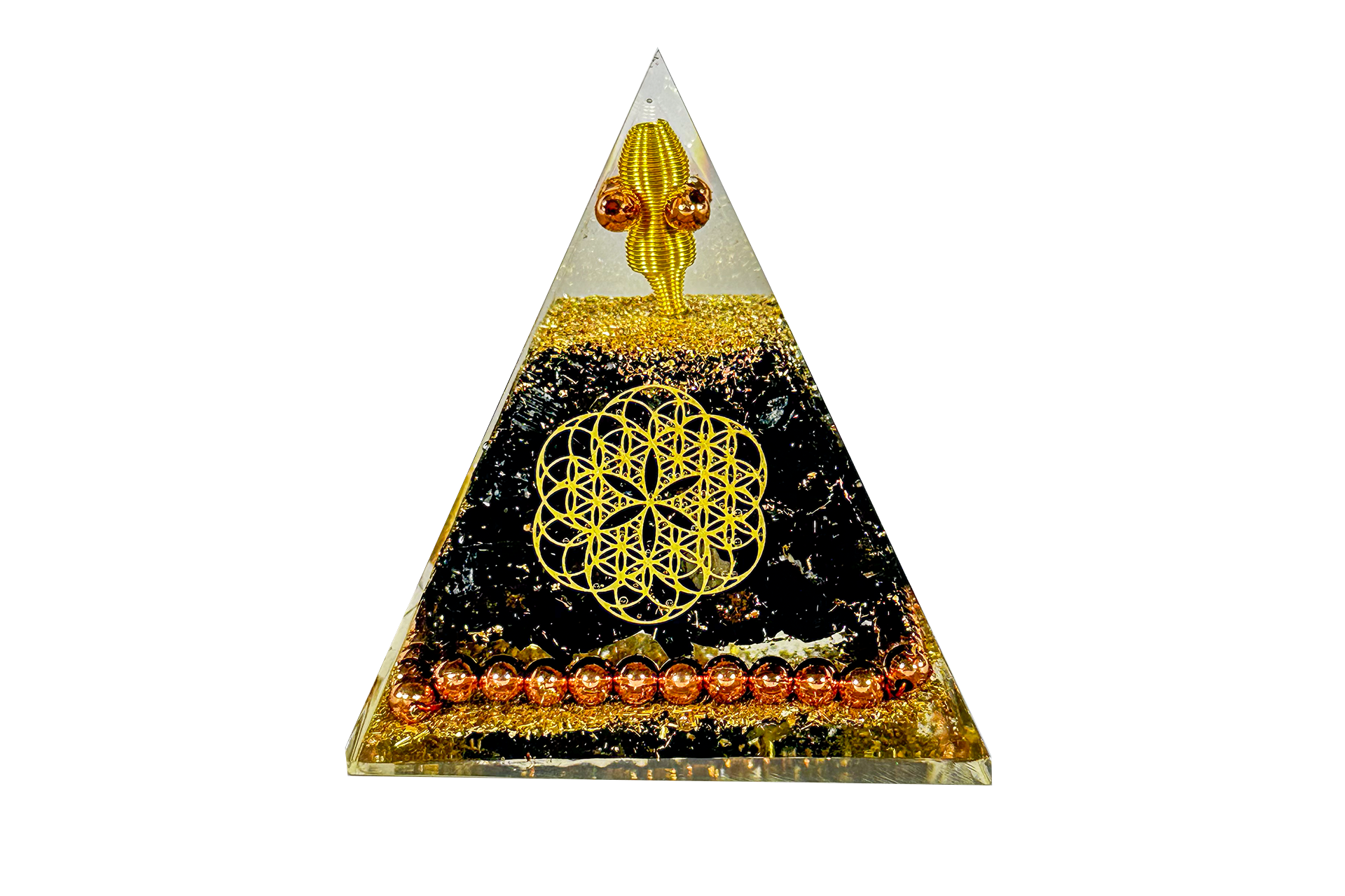 Black Tourmaline Nubian Copper Beads Reiki Energy Charged Orgone Pyramid with Flower Of Life Emblem Primal Chakra