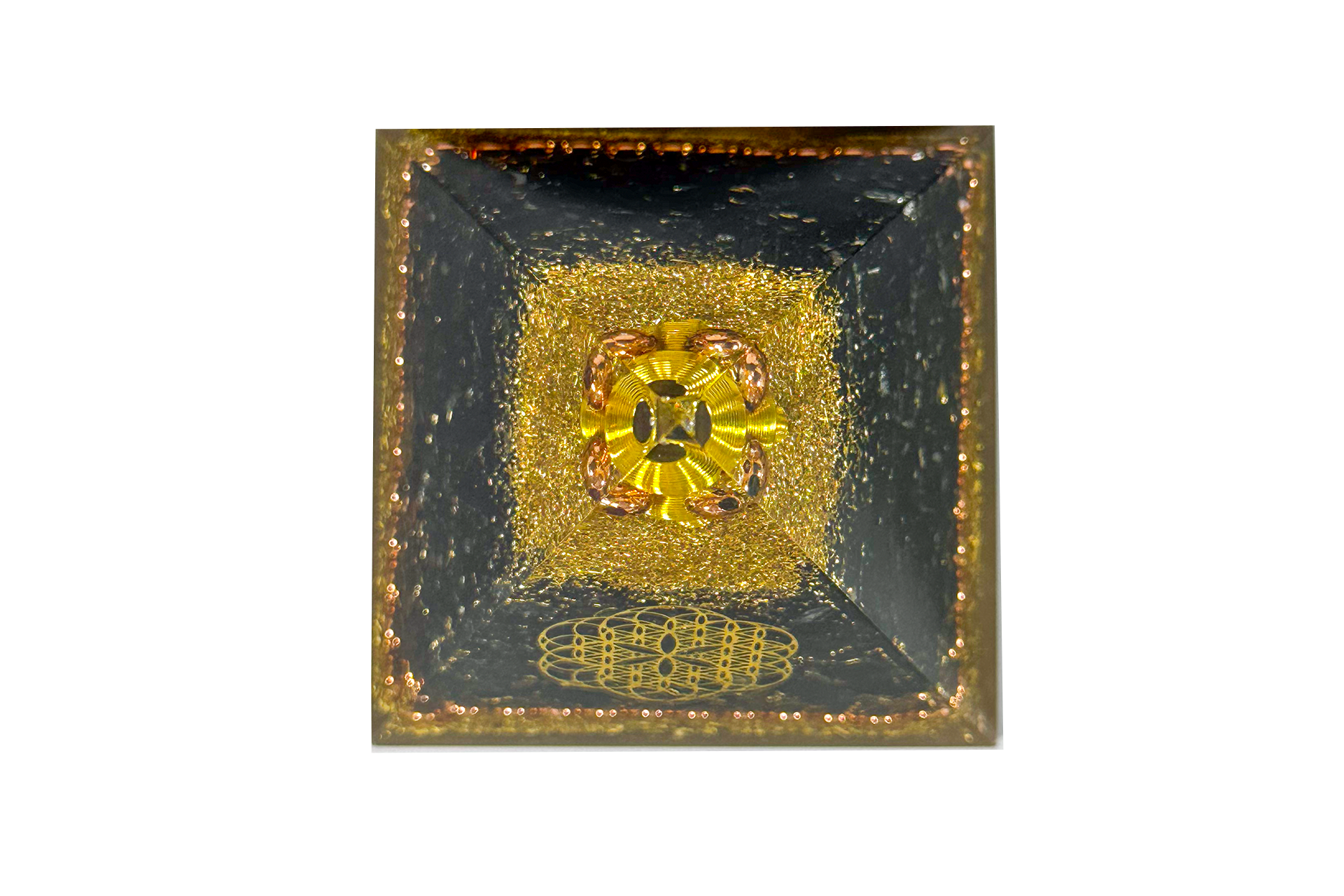 Black Tourmaline Nubian Copper Beads Reiki Energy Charged Orgone Pyramid with Flower Of Life Emblem Primal Chakra