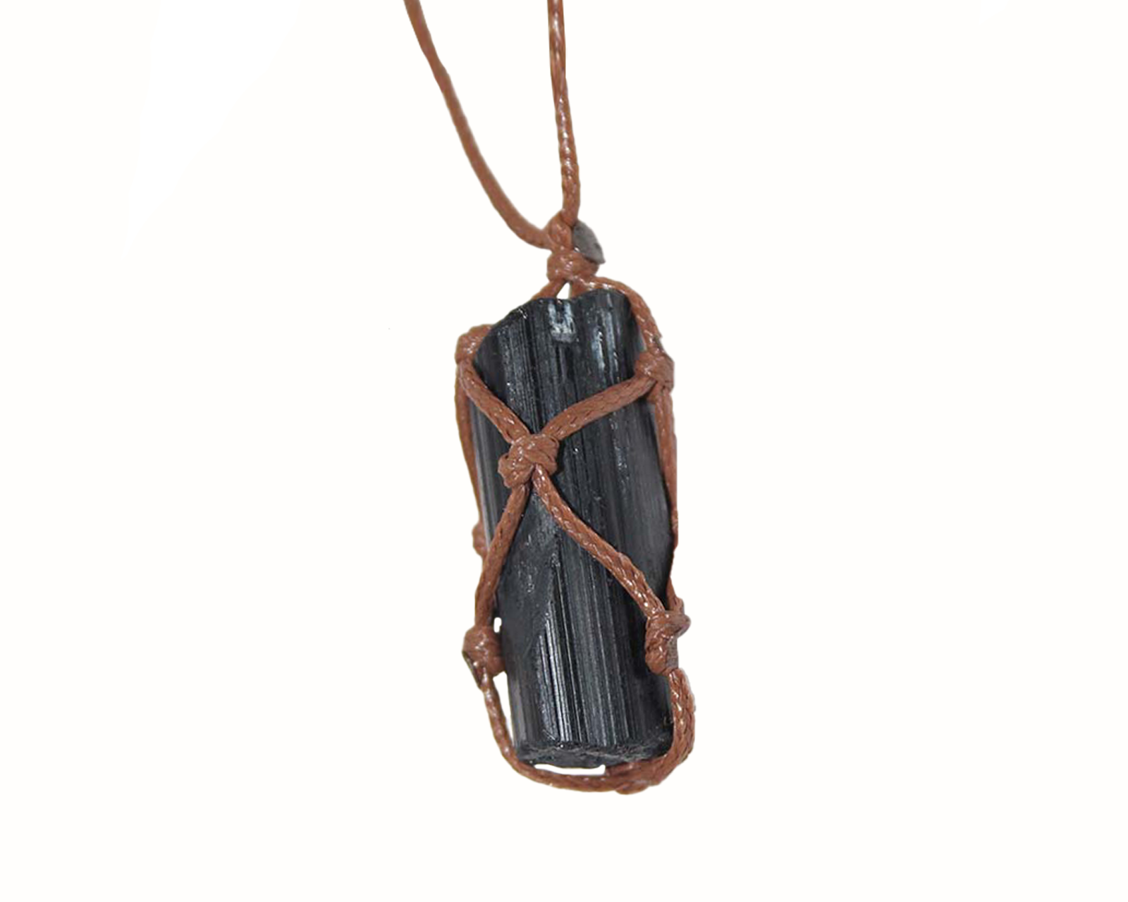 Black Tourmaline Rough Necklace with Winding Braided Brown Cord Primal Chakra