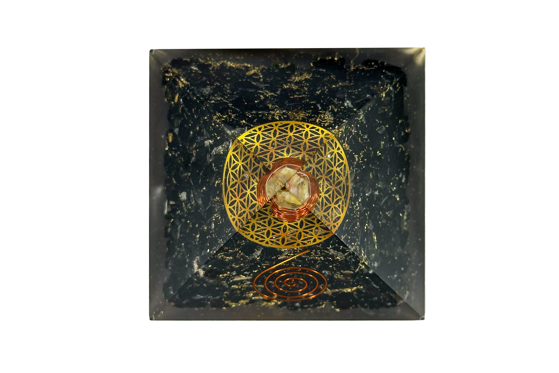 Black Tourmaline Reiki Energy Charged Orgone Pyramid With Flower Of life Emblem Primal Chakra