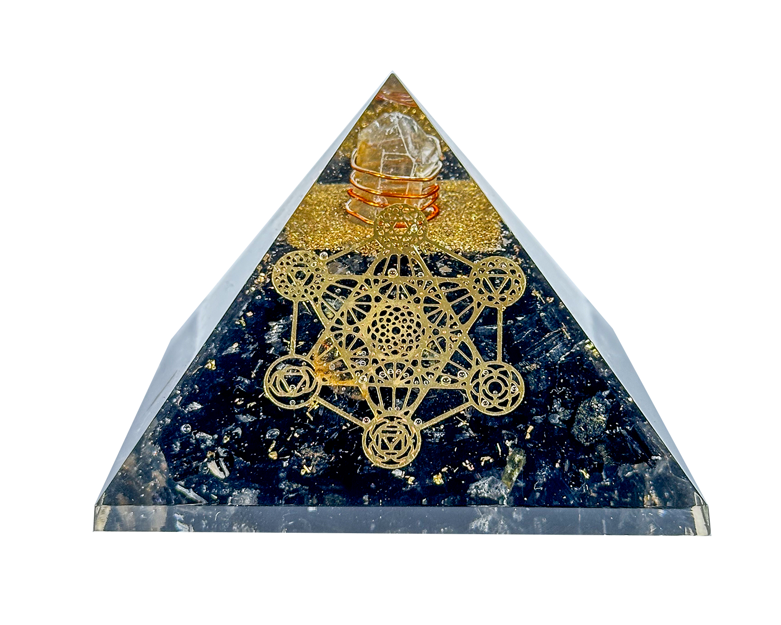 Black Tourmaline Reiki Energy Charged Orgone Pyramid with Metatron Cube Emblem Primal Chakra