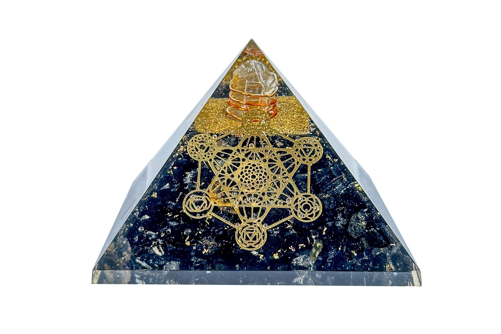 Black Tourmaline Reiki Energy Charged Orgone Pyramid with Metatron Cube Emblem Primal Chakra