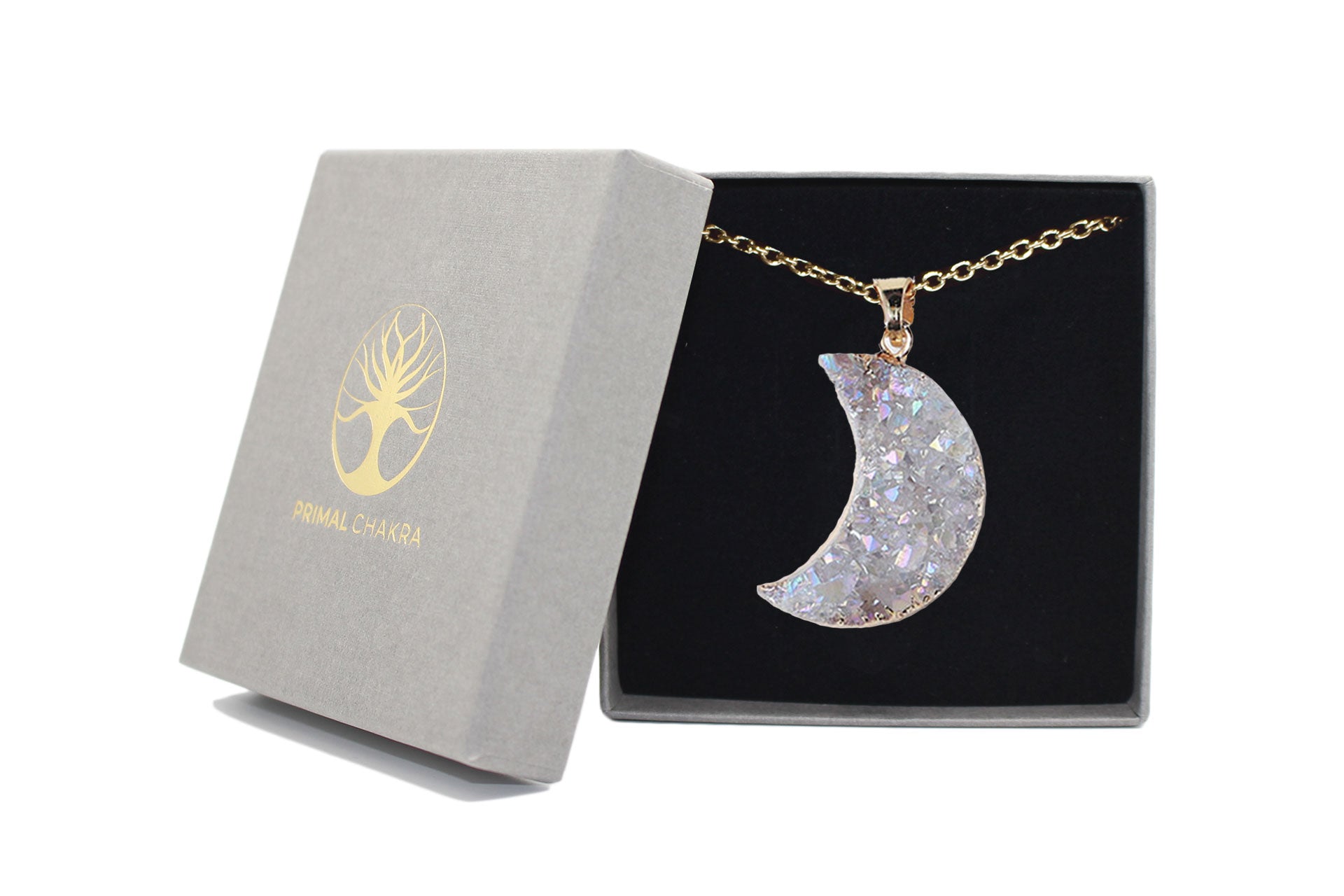 Clear Quartz Crystal Druzy Moon Necklace with Gold Chain Primal Chakra