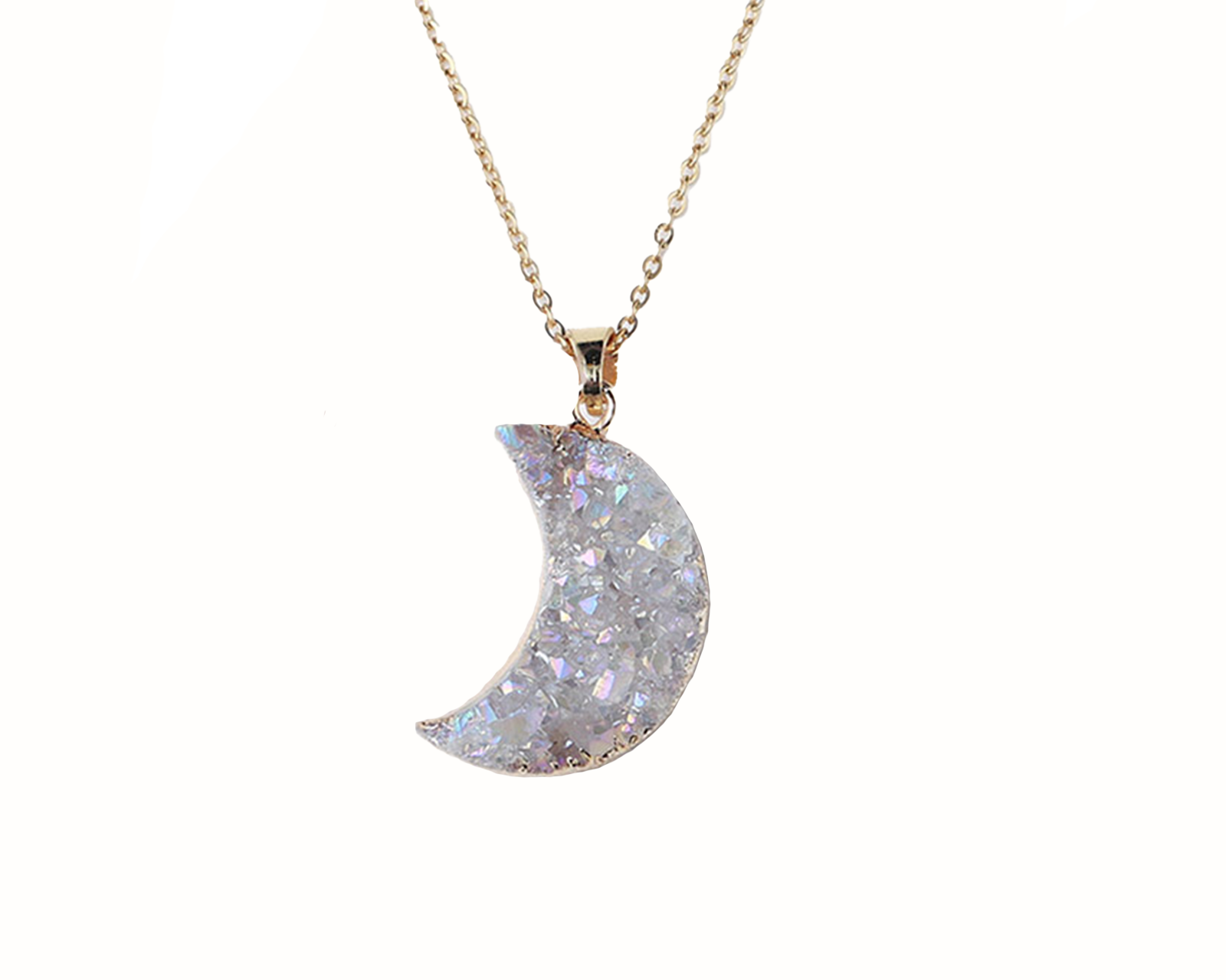 Clear Quartz Crystal Druzy Moon Necklace with Gold Chain Primal Chakra