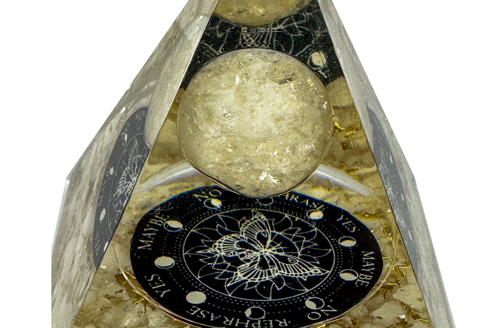 Clear Quartz Sphere Reiki Energy Charged Orgone Pyramid with Butterfly Pendulum Board Emblem Primal Chakra