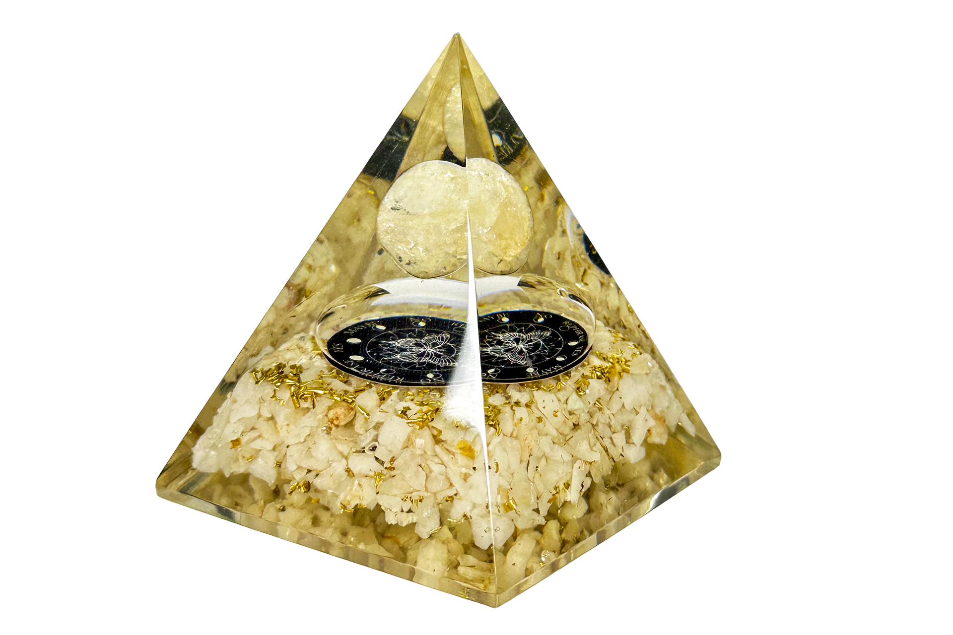 Clear Quartz Sphere Reiki Energy Charged Orgone Pyramid with Butterfly Pendulum Board Emblem Primal Chakra