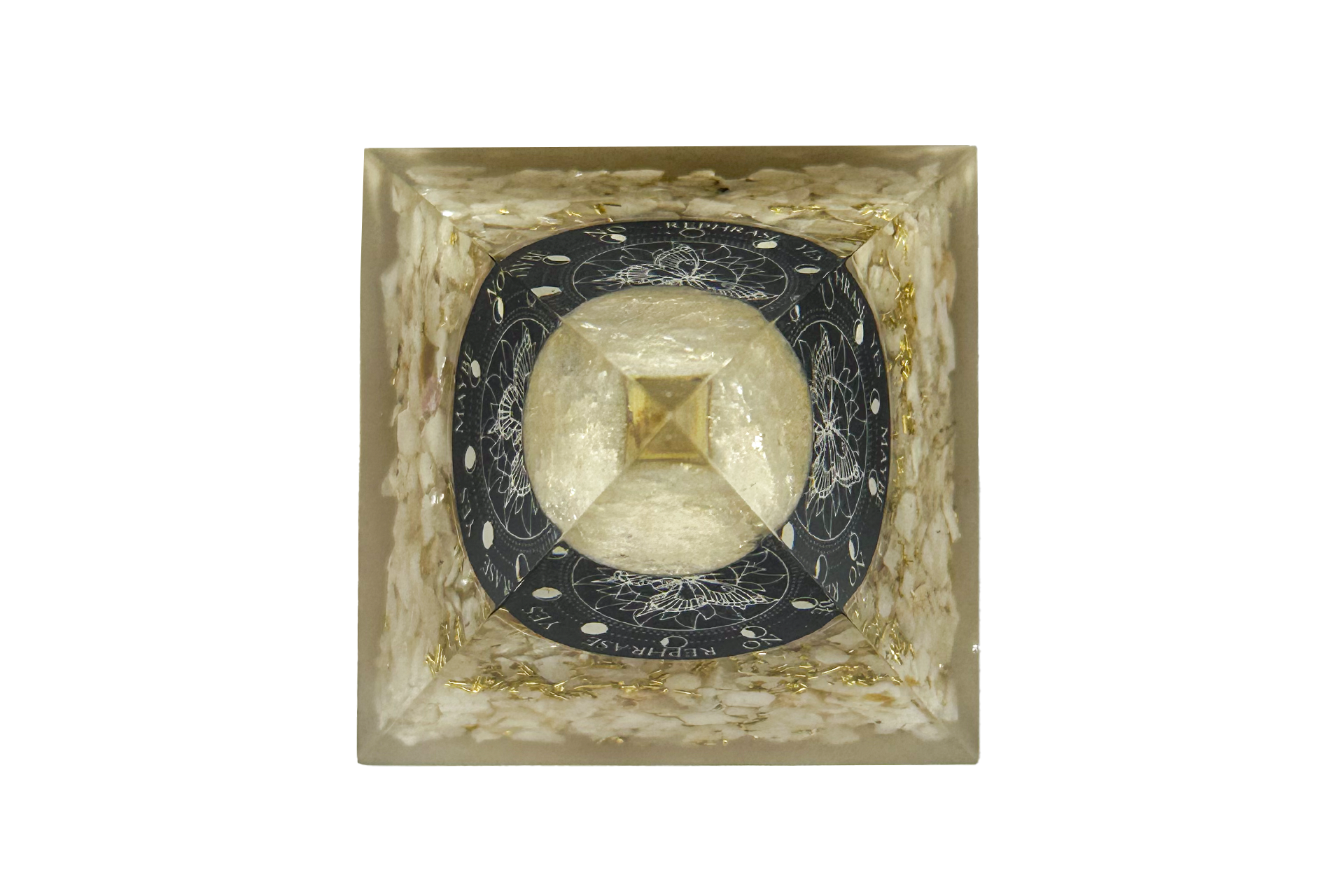 Clear Quartz Sphere Reiki Energy Charged Orgone Pyramid with Butterfly Pendulum Board Emblem Primal Chakra