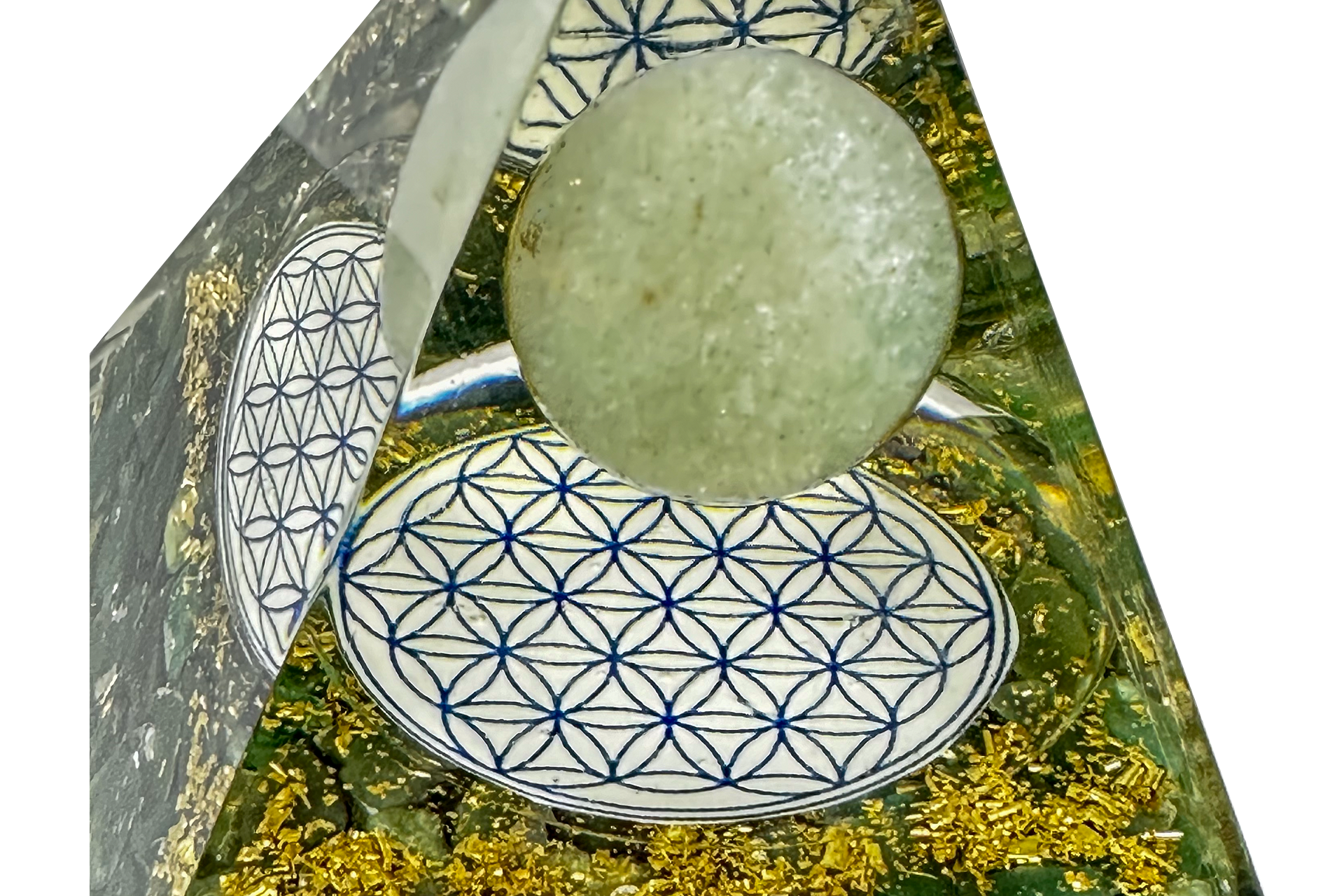 Green Aventurine Sphere Reiki Energy Charged Orgone Pyramid With Flower Of Life Emblem Primal Chakra