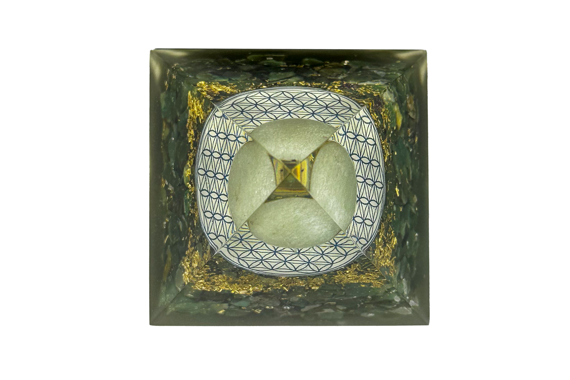 Green Aventurine Sphere Reiki Energy Charged Orgone Pyramid With Flower Of Life Emblem Primal Chakra