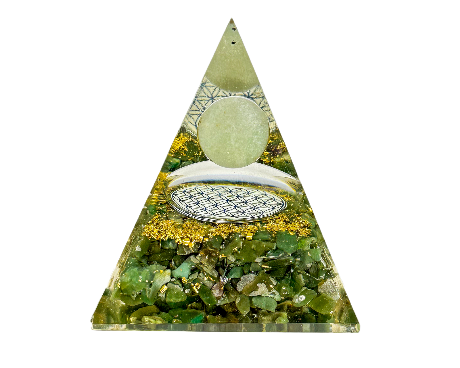 Green Aventurine Sphere Reiki Energy Charged Orgone Pyramid With Flower Of Life Emblem Primal Chakra