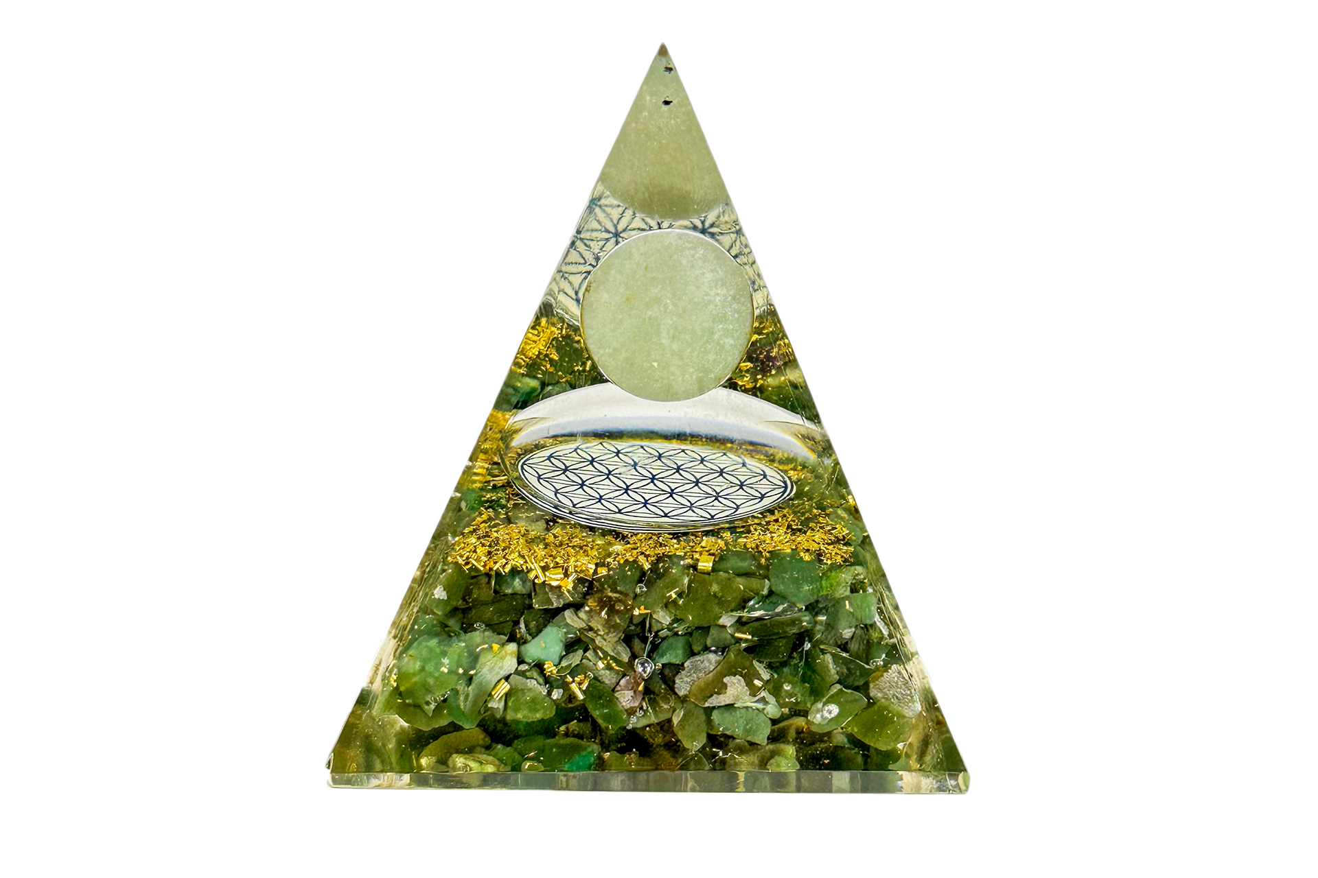 Green Aventurine Sphere Reiki Energy Charged Orgone Pyramid With Flower Of Life Emblem Primal Chakra