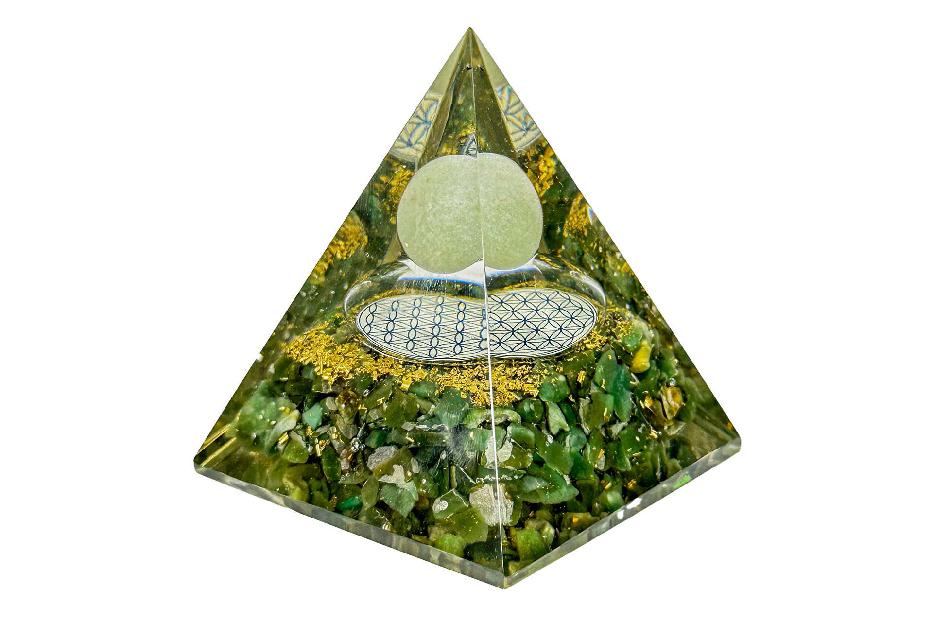 Green Aventurine Sphere Reiki Energy Charged Orgone Pyramid With Flower Of Life Emblem Primal Chakra