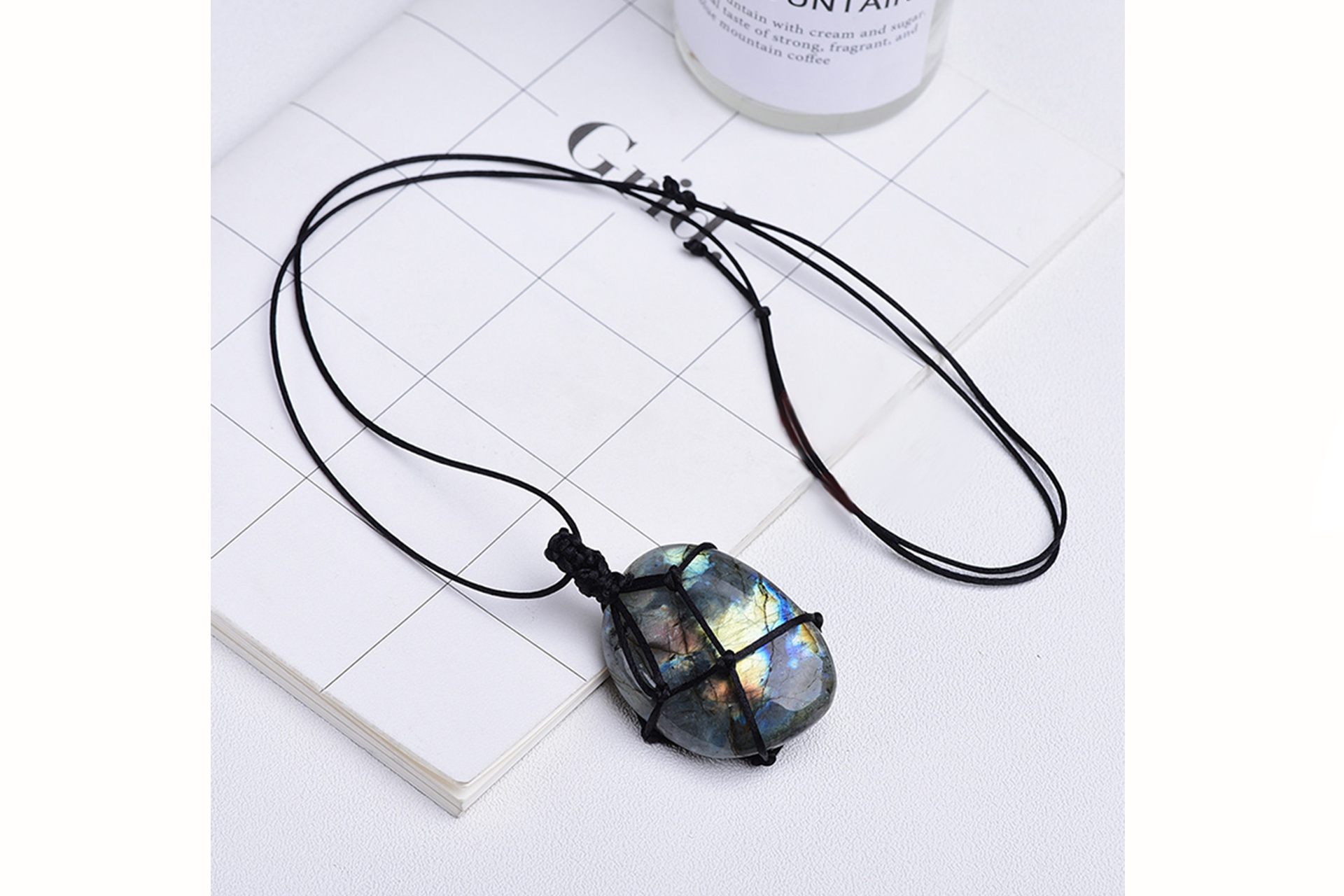 Labradorite Winding Necklace with a Black Rope Cord Primal Chakra