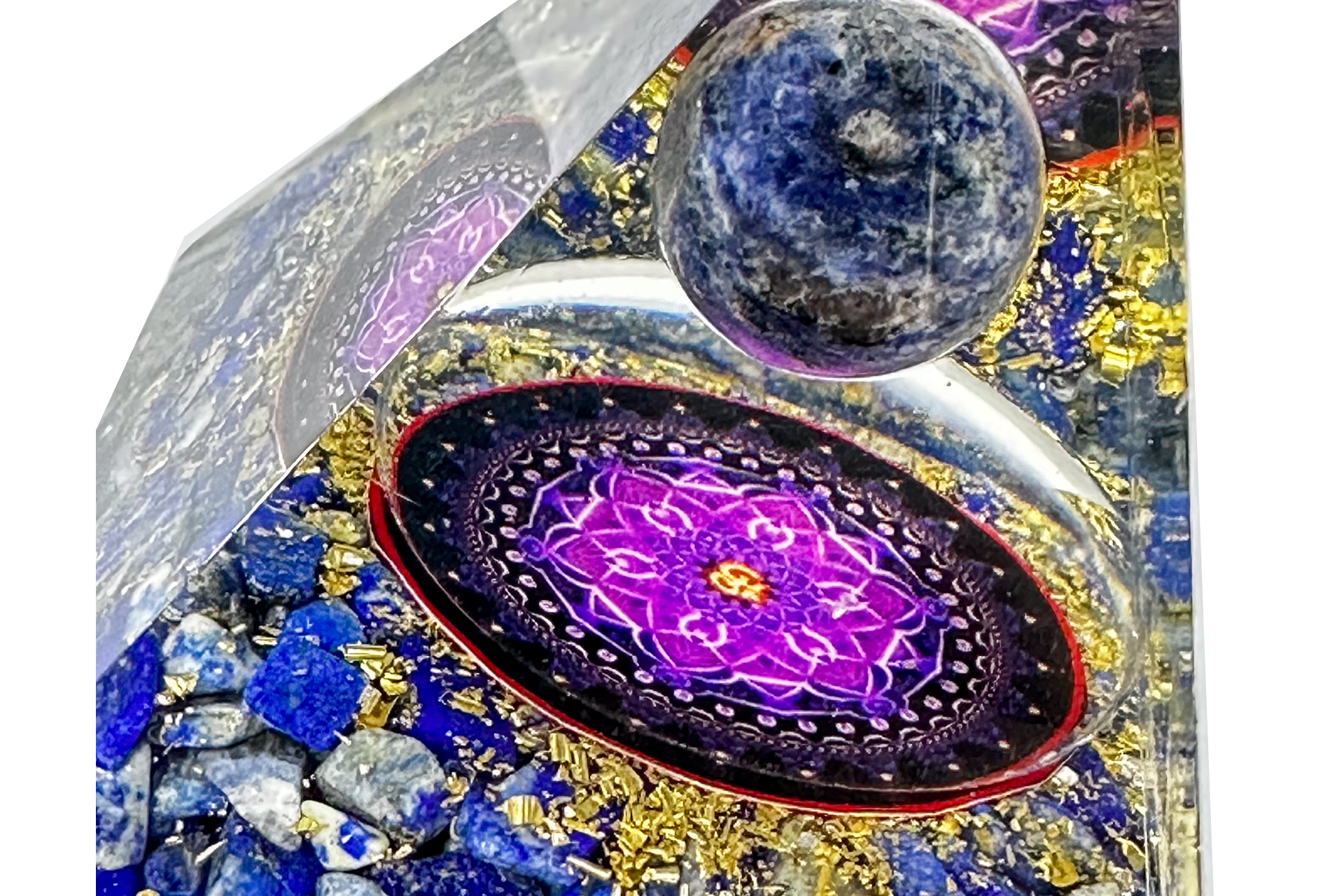 Lapis Lazuli Sphere Reiki Energy Charged Orgone Pyramid with Flower Of Life Emblem Primal Chakra