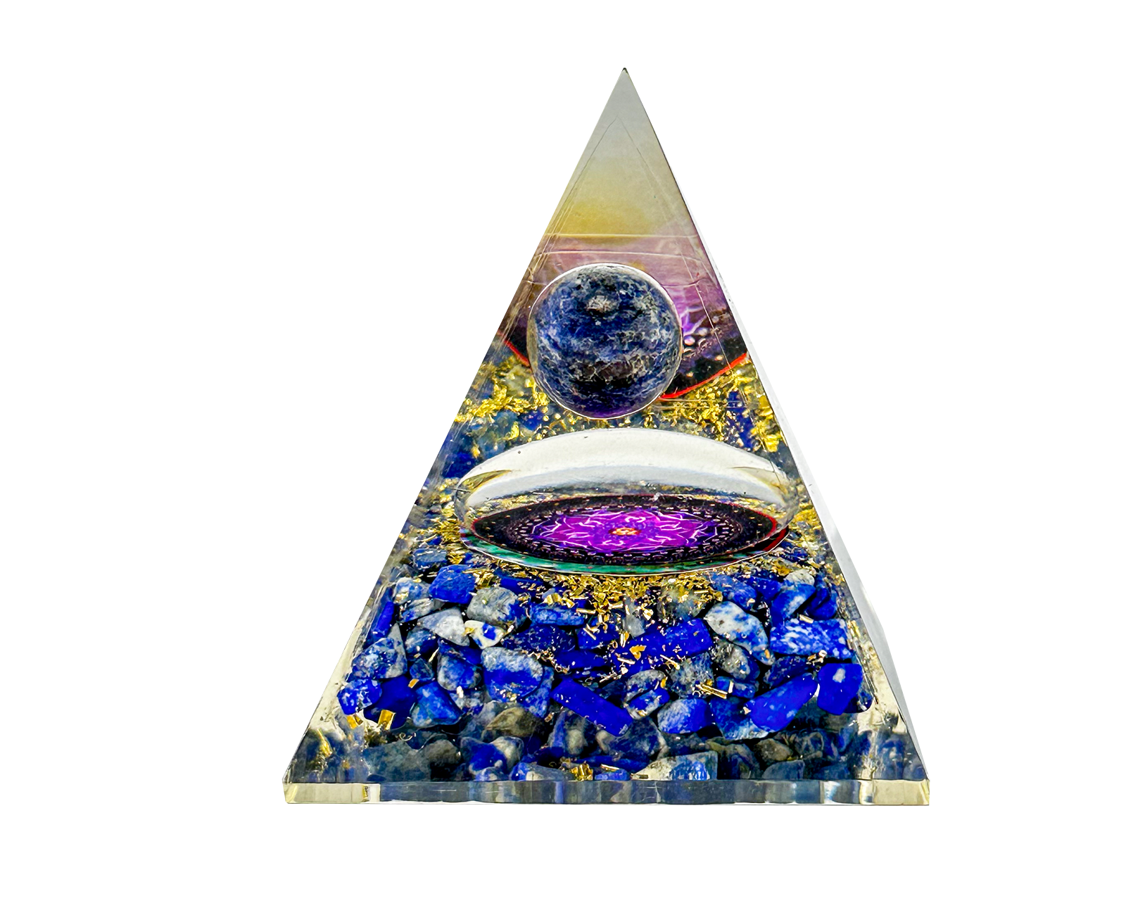 Lapis Lazuli Sphere Reiki Energy Charged Orgone Pyramid with Flower Of Life Emblem Primal Chakra