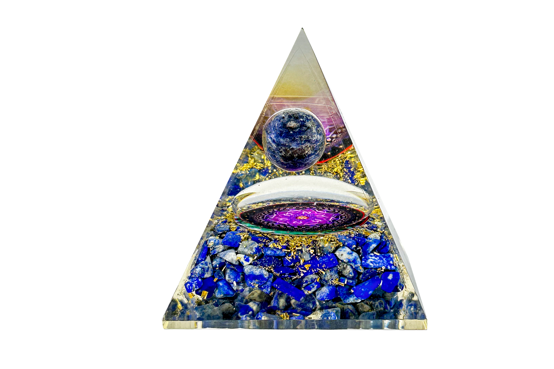 Lapis Lazuli Sphere Reiki Energy Charged Orgone Pyramid with Flower Of Life Emblem Primal Chakra