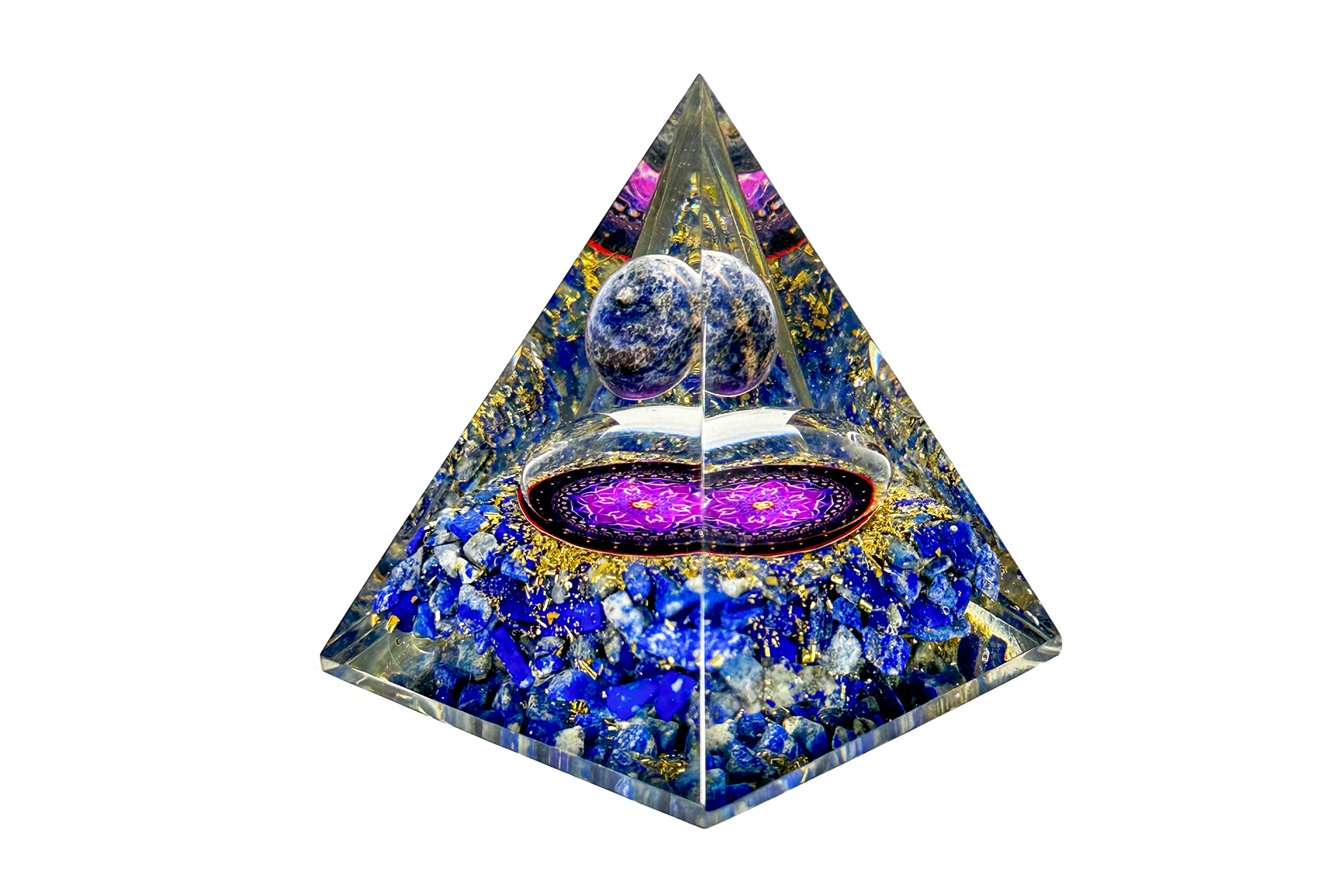 Lapis Lazuli Sphere Reiki Energy Charged Orgone Pyramid with Flower Of Life Emblem Primal Chakra
