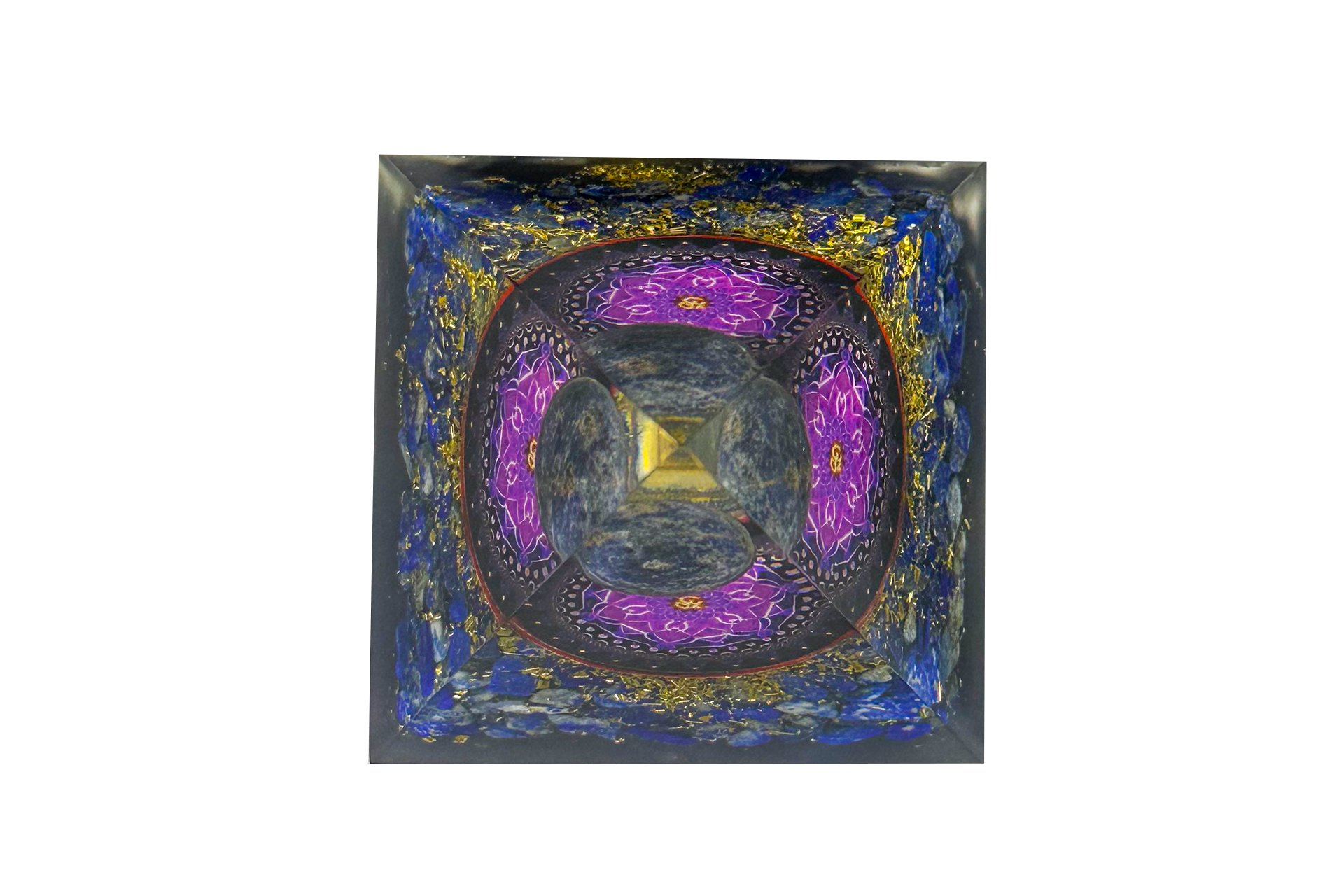 Lapis Lazuli Sphere Reiki Energy Charged Orgone Pyramid with Flower Of Life Emblem Primal Chakra