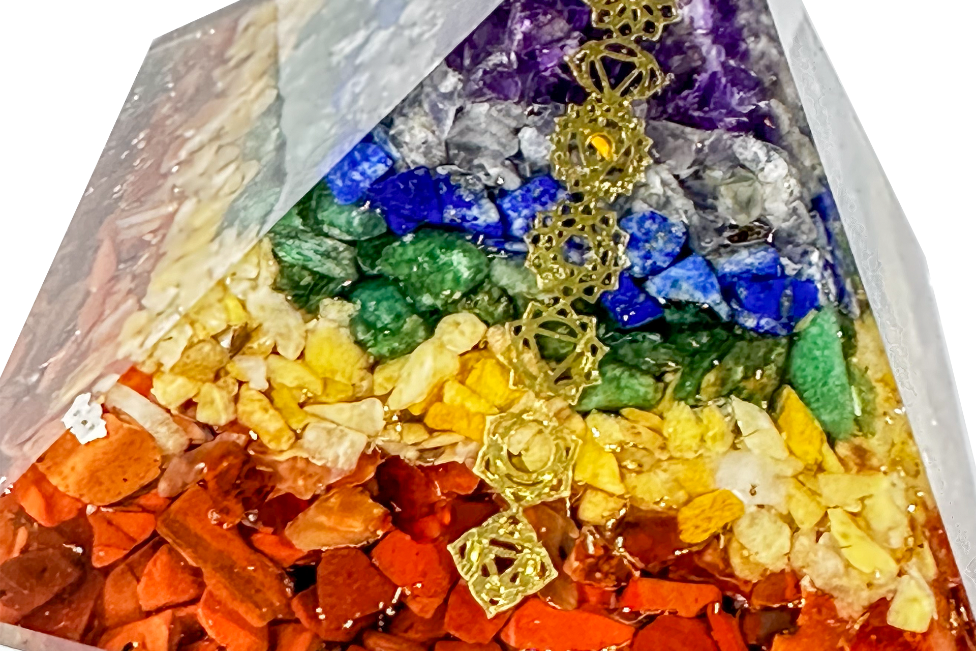 Layered 7 Chakra Reiki Energy Charged Orgone Pyramid with 7 Chakra Symbol Emblems Primal Chakra