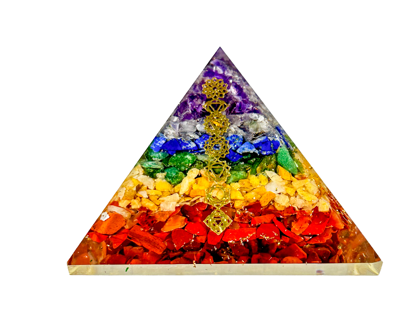 Layered 7 Chakra Reiki Energy Charged Orgone Pyramid with 7 Chakra Symbol Emblems Primal Chakra