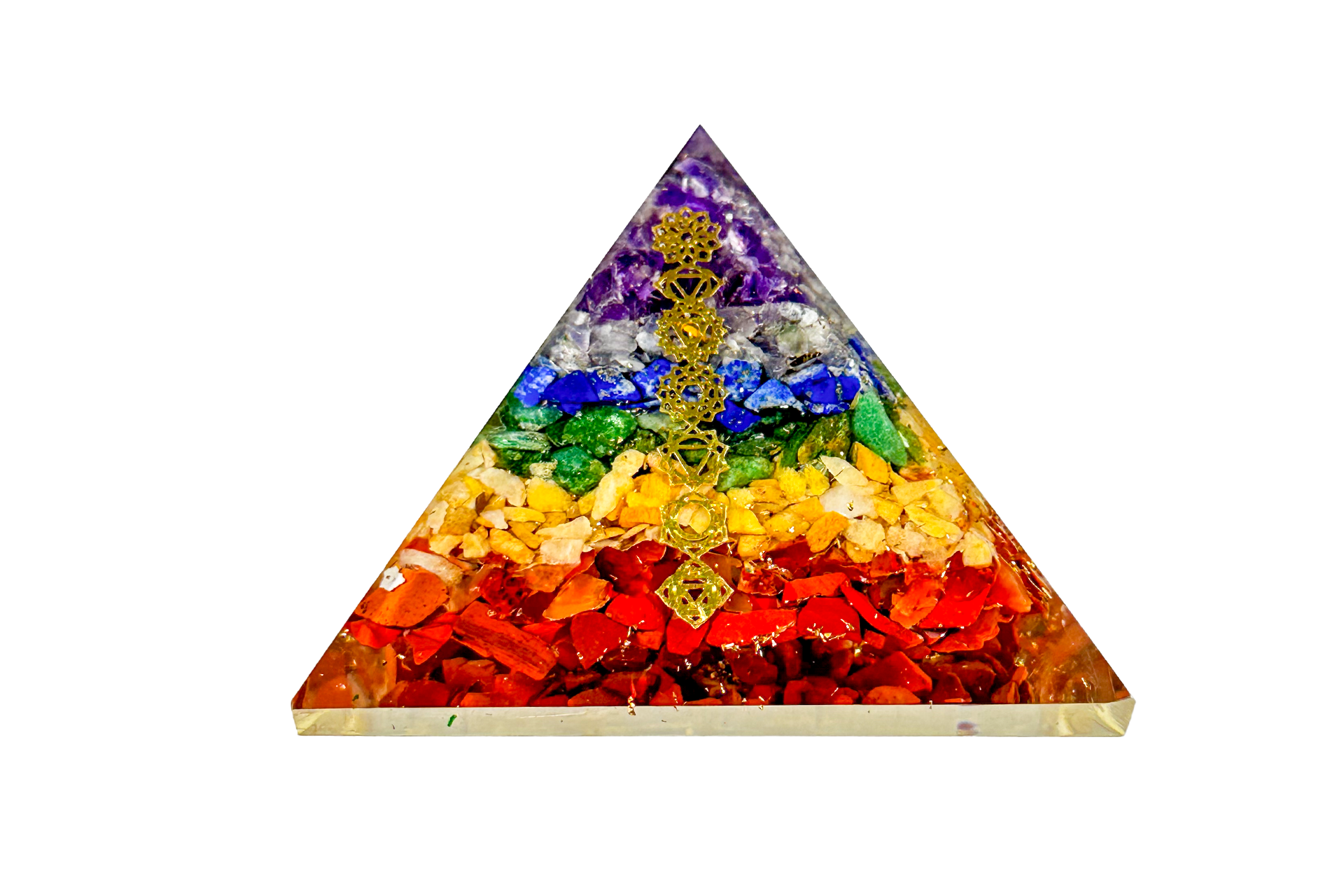 Layered 7 Chakra Reiki Energy Charged Orgone Pyramid with 7 Chakra Symbol Emblems Primal Chakra