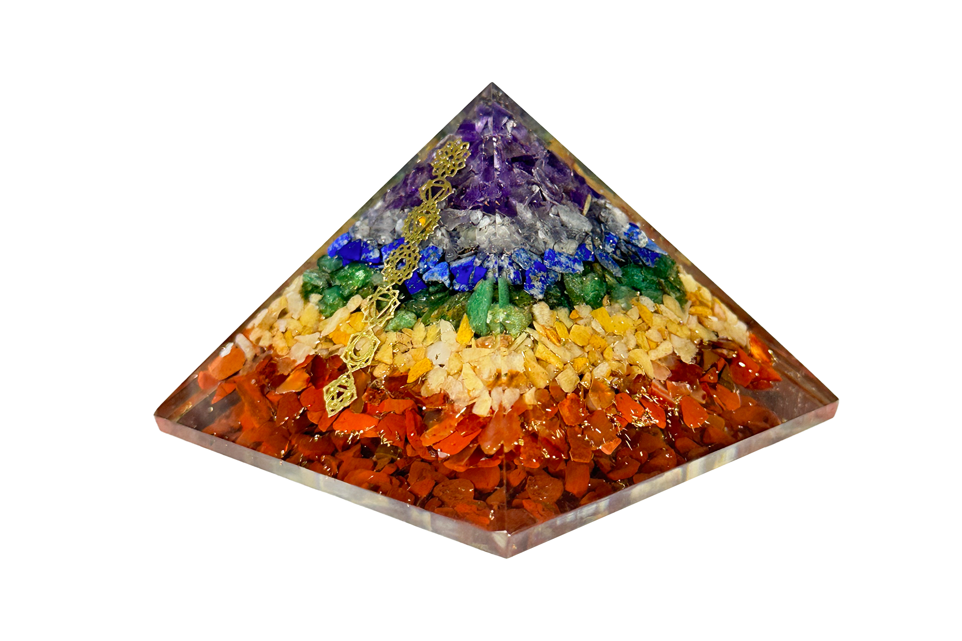 Layered 7 Chakra Reiki Energy Charged Orgone Pyramid with 7 Chakra Symbol Emblems Primal Chakra