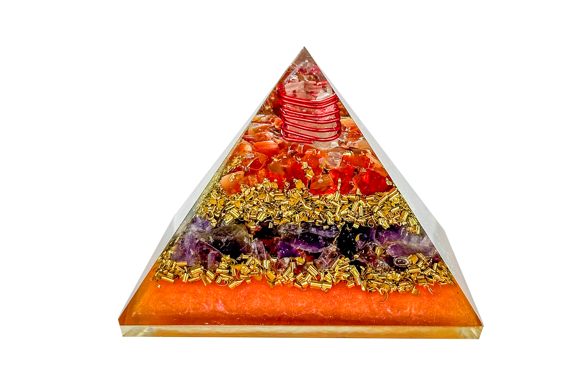 Layered Amethyst and Carnelian Reiki Energy Charged Orgone Pyramid with Orange Mica Powder Primal Chakra