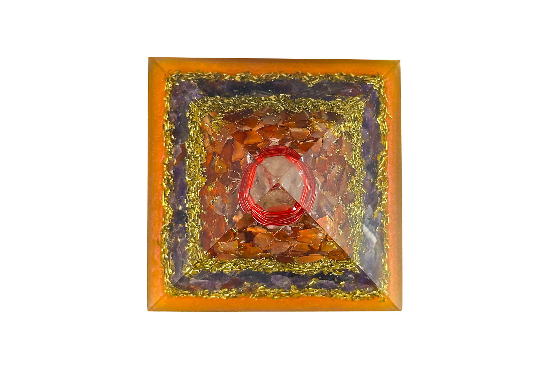 Layered Amethyst and Carnelian Reiki Energy Charged Orgone Pyramid with Orange Mica Powder Primal Chakra