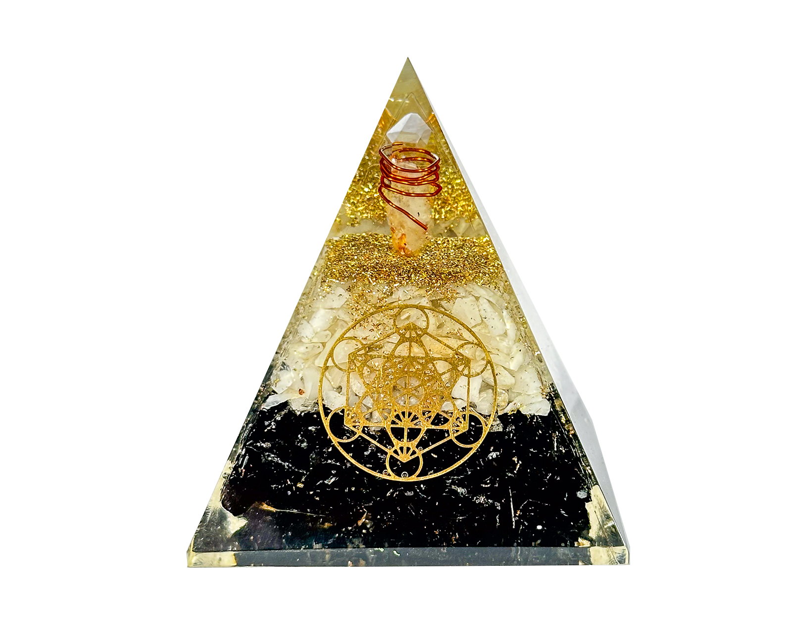 Layered Black Tourmaline Clear Quartz Reiki Energy Charged Orgone Pyramid with Metatron Cube Emblem Primal Chakra
