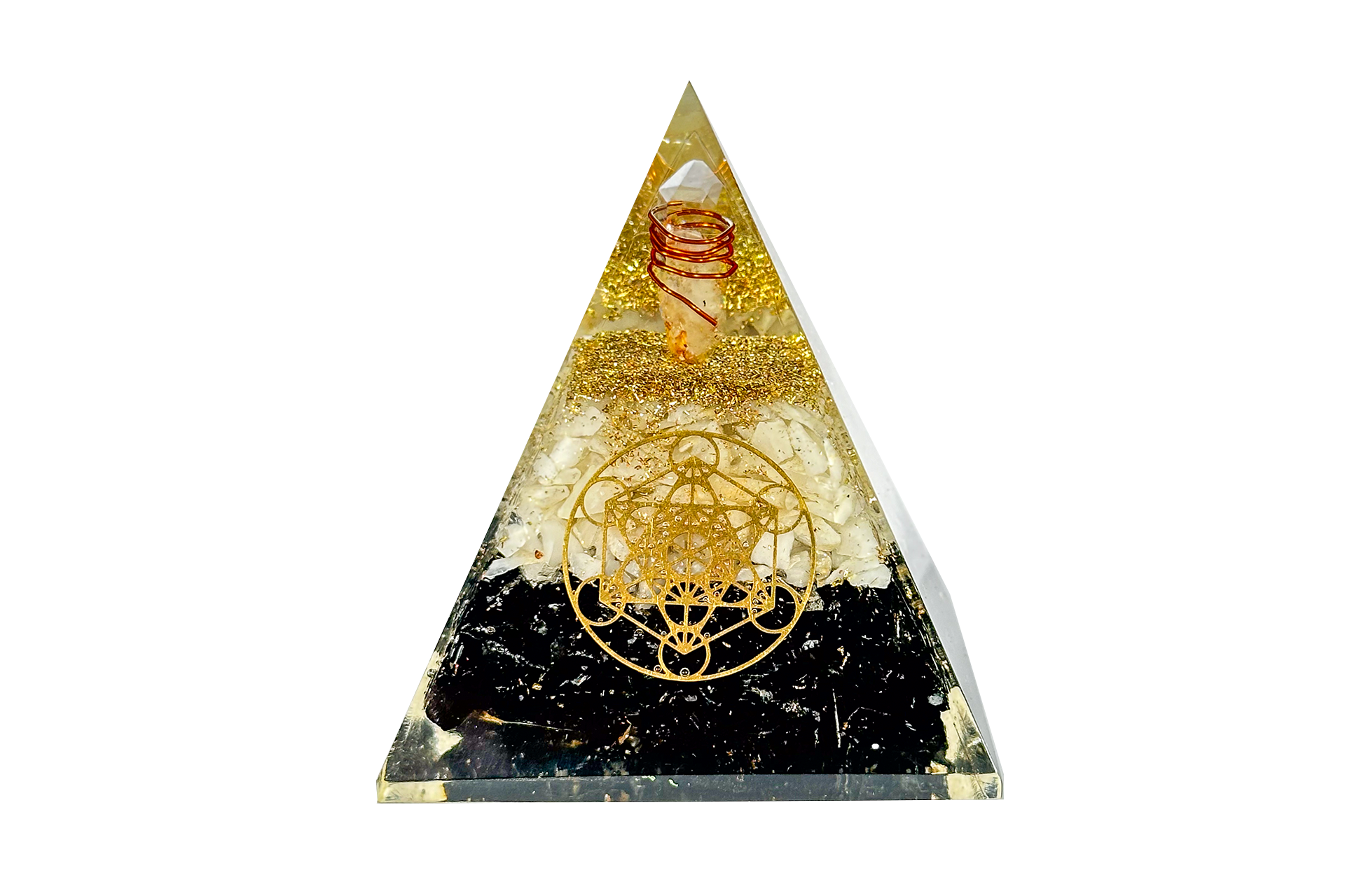 Layered Black Tourmaline Clear Quartz Reiki Energy Charged Orgone Pyramid with Metatron Cube Emblem Primal Chakra