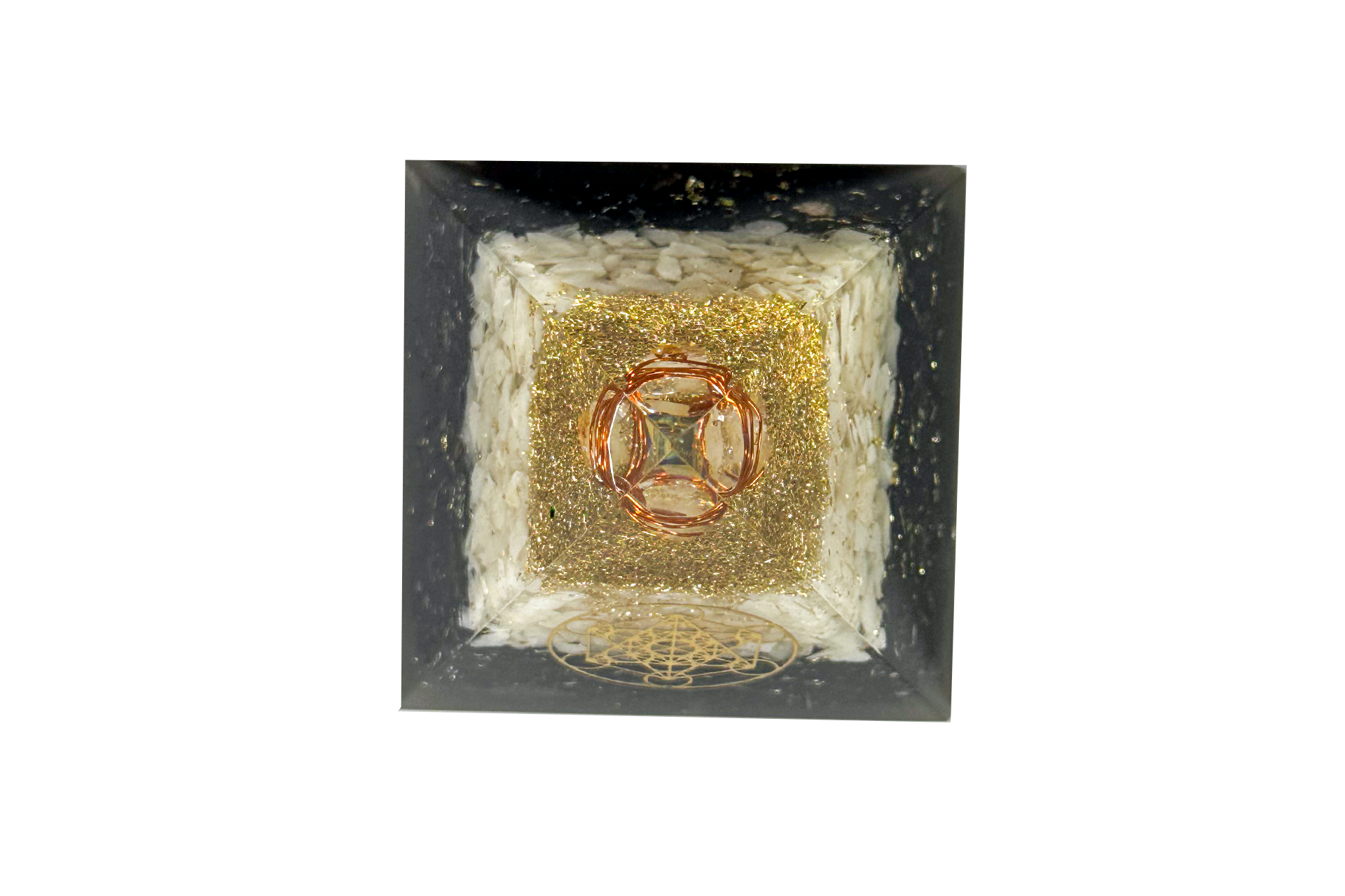 Layered Black Tourmaline Clear Quartz Reiki Energy Charged Orgone Pyramid with Metatron Cube Emblem Primal Chakra