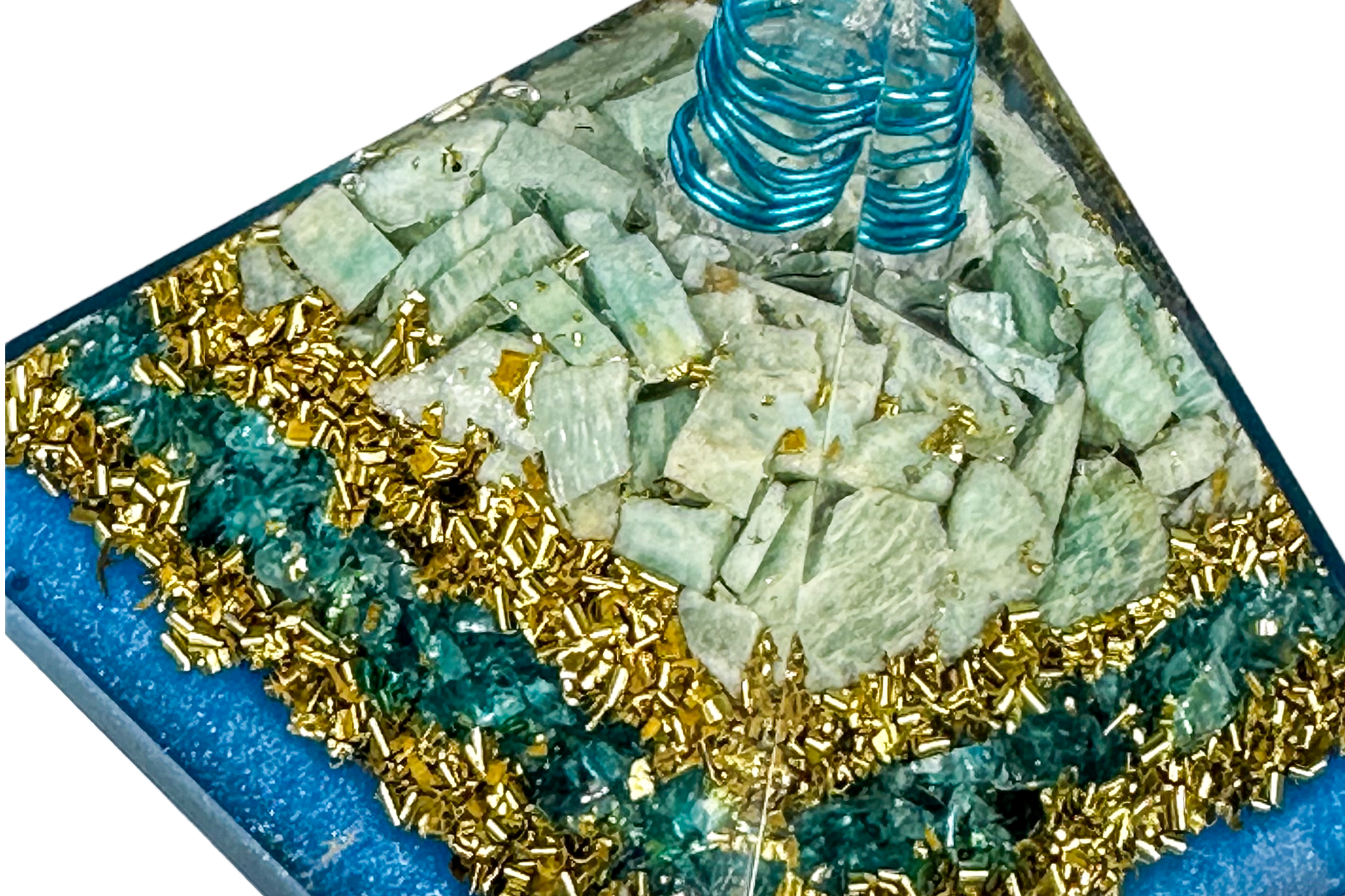Layered Blue Onyx and Amazonite Reiki Energy Charged Orgone Pyramid with Blue Mica Powder Primal Chakra