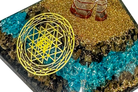Layered Blue Onyx and Tiger Eye Reiki Energy Charged Orgone Pyramid with Sri Yantra Emblem Primal Chakra