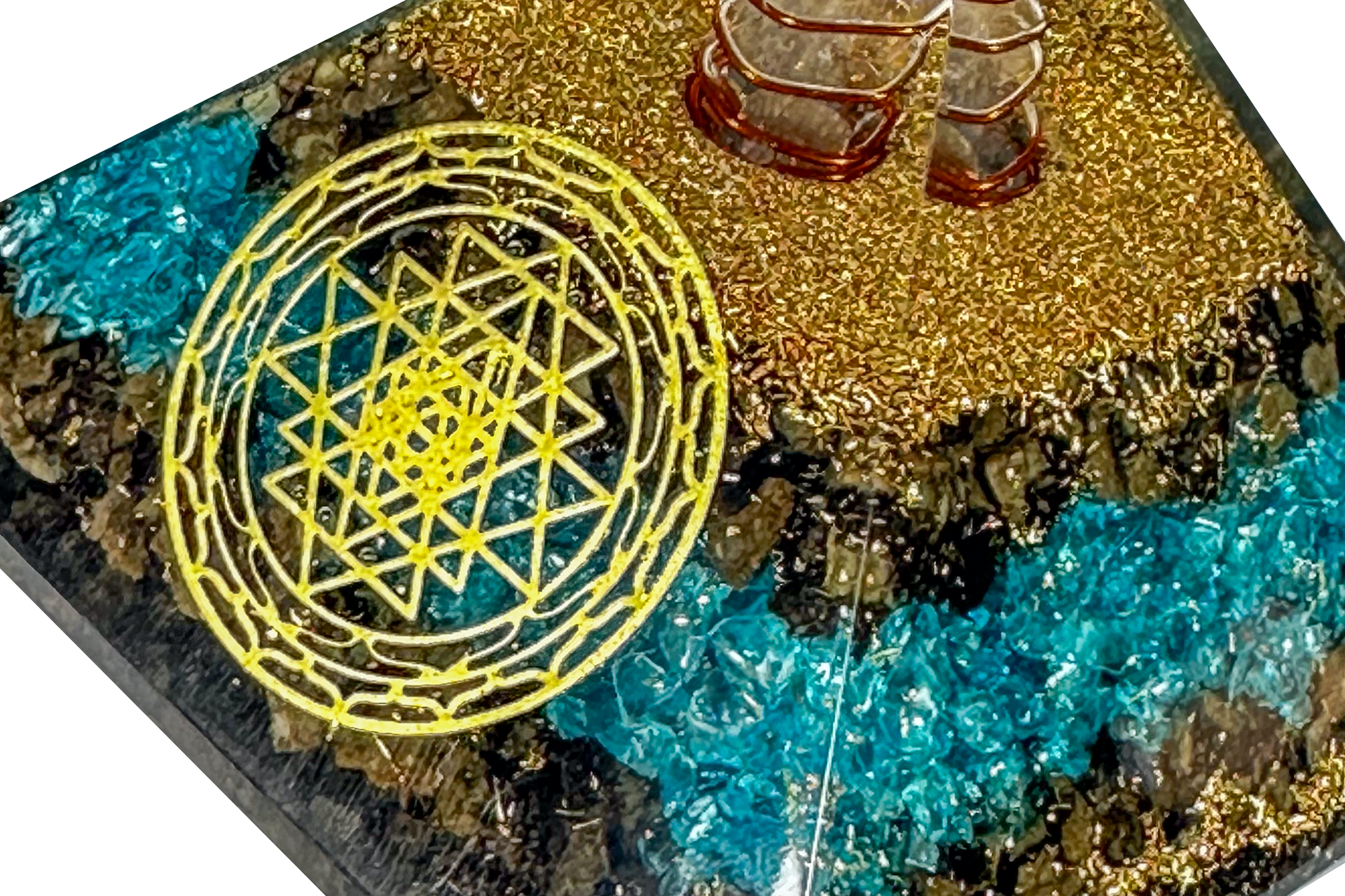 Layered Blue Onyx and Tiger Eye Reiki Energy Charged Orgone Pyramid with Sri Yantra Emblem Primal Chakra