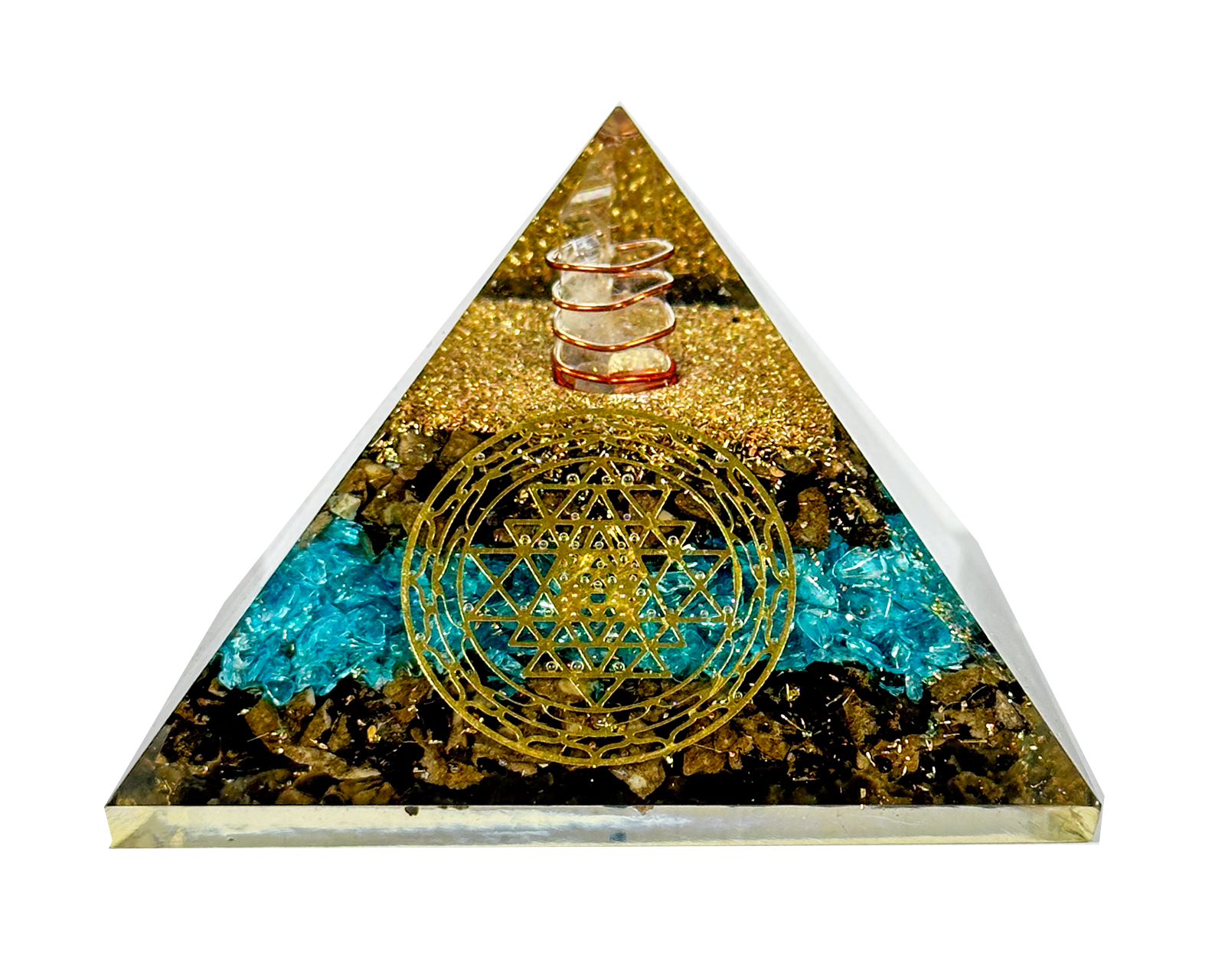 Layered Blue Onyx and Tiger Eye Reiki Energy Charged Orgone Pyramid with Sri Yantra Emblem Primal Chakra